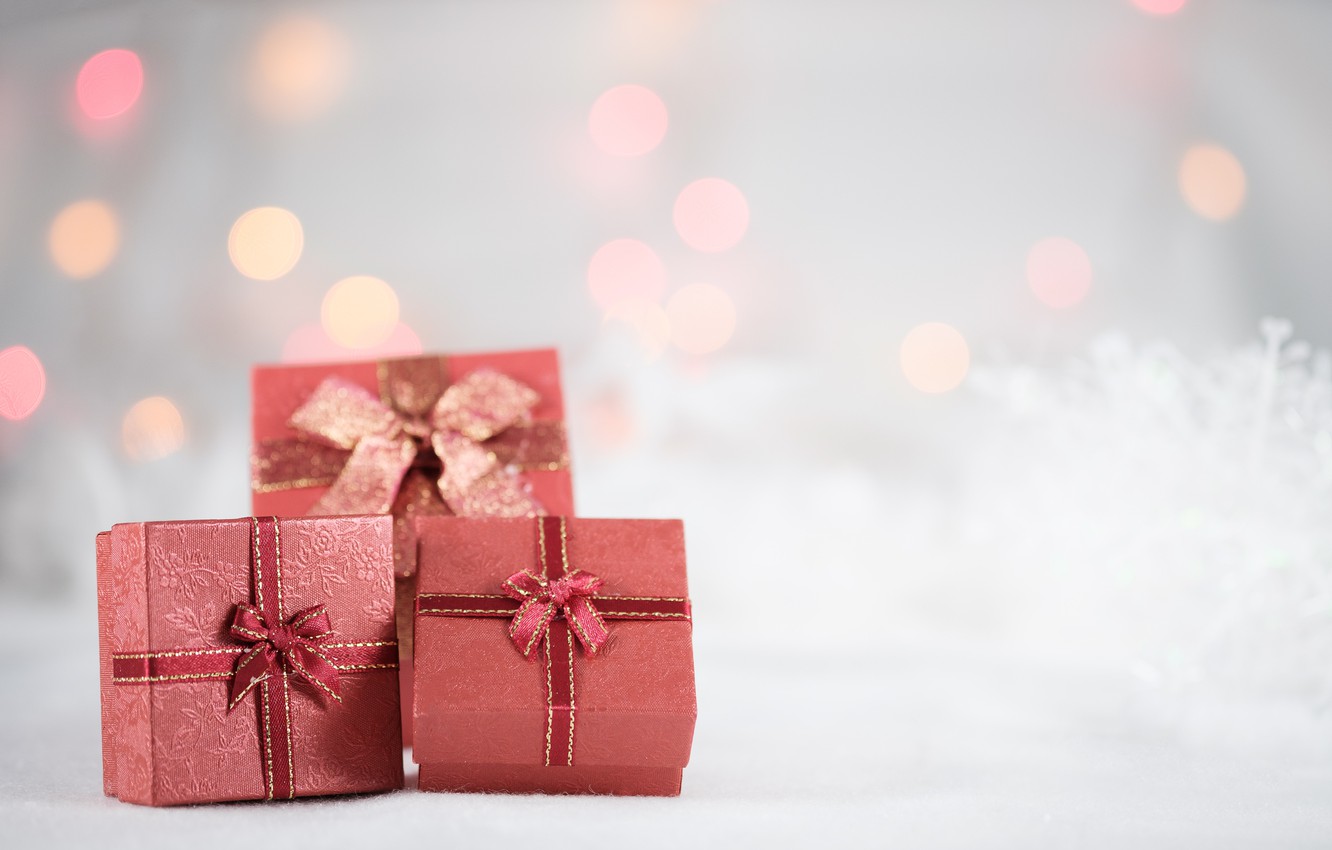 Wallpaper snowflakes, lights, holiday, box, gift, Christmas, tape, gifts, red, three, New year, bows, bow, trio, light background, box image for desktop, section праздники