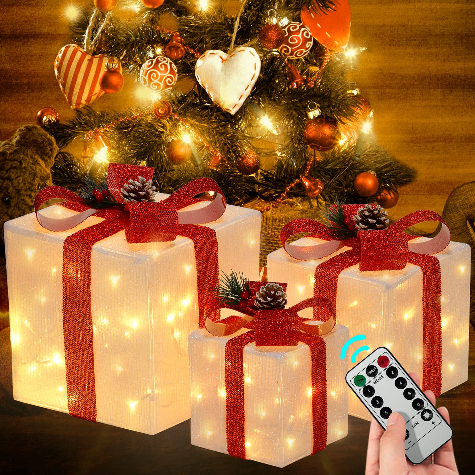 Set Of 3 Christmas Lighted Gift Boxes, Pre Lit 60 LED Light Up Present Boxes Ornament Outdoor Warm White Boxes Decoration For Indoor Outdoor Christmas Home Yard Lawn Decor, Patio, Lawn