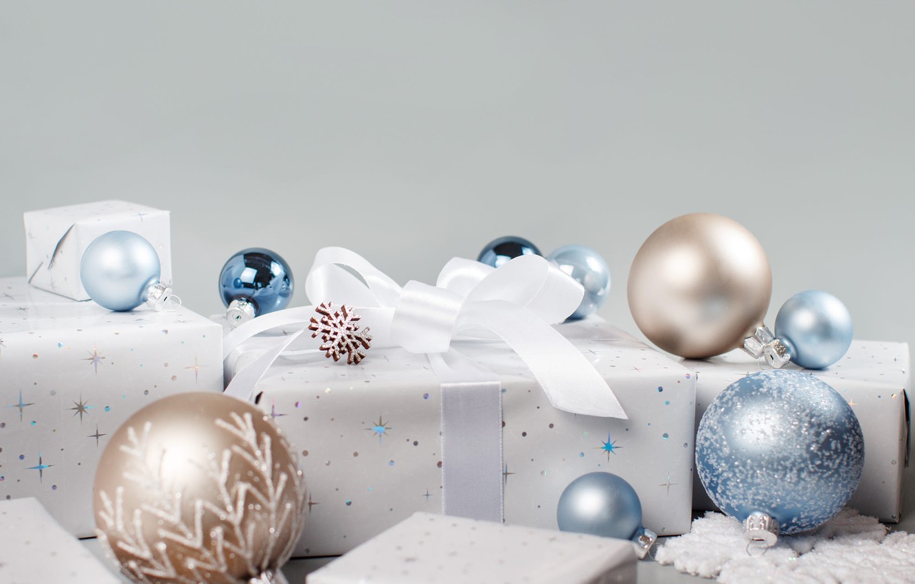 Wallpaper winter, balls, holiday, box, gift, balls, blue, Christmas, gifts, New year, white, bow, light background, box, Christmas decorations, Christmas decorations image for desktop, section новый год