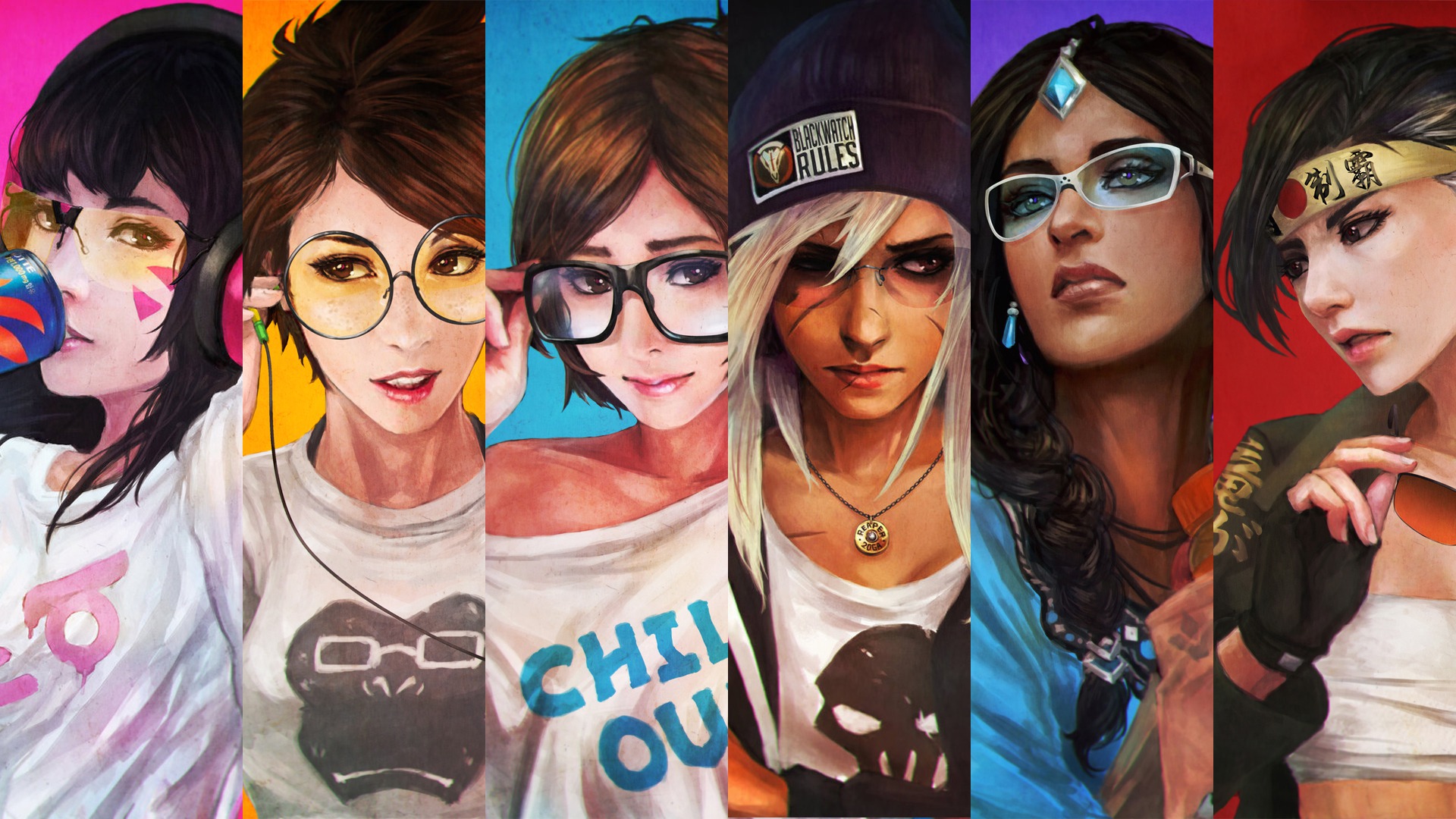 Download wallpaper Art, Girls, Reaper, Hanzo, Mei, Overwatch, Tracer, Casual, Symmetra, To DV, section games in resolution 1920x1080