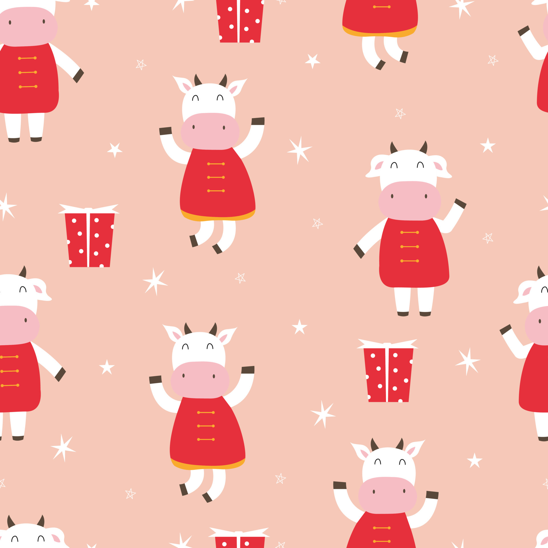 Seamless pattern Christmas background has cartoon cow character with gift box Hand drawn design in childrens style, use for print, celebration wallpaper, fabric, textile. Vector illustration