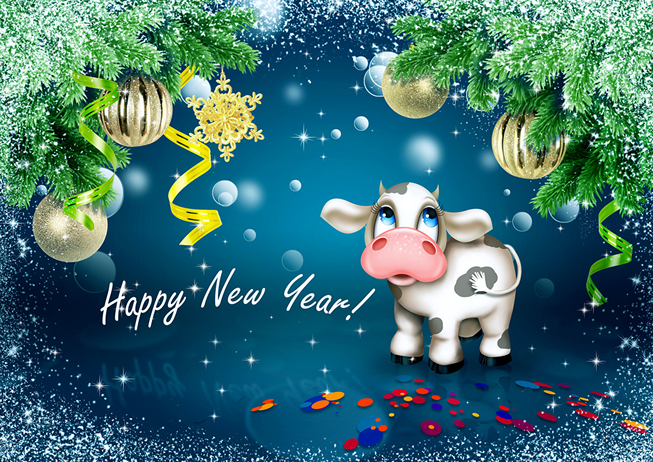 image Cow New year English Snow Word Balls Ribbon
