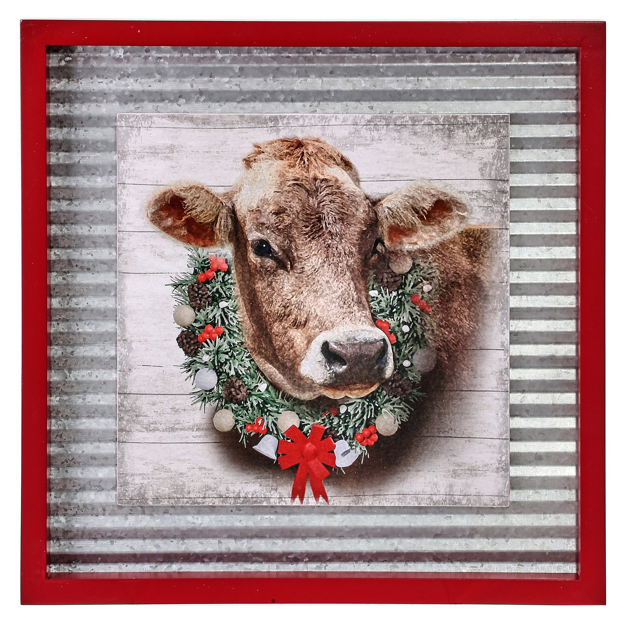 Red, Gray, and Brown Christmas Cow Framed Wall Art 14 x 14