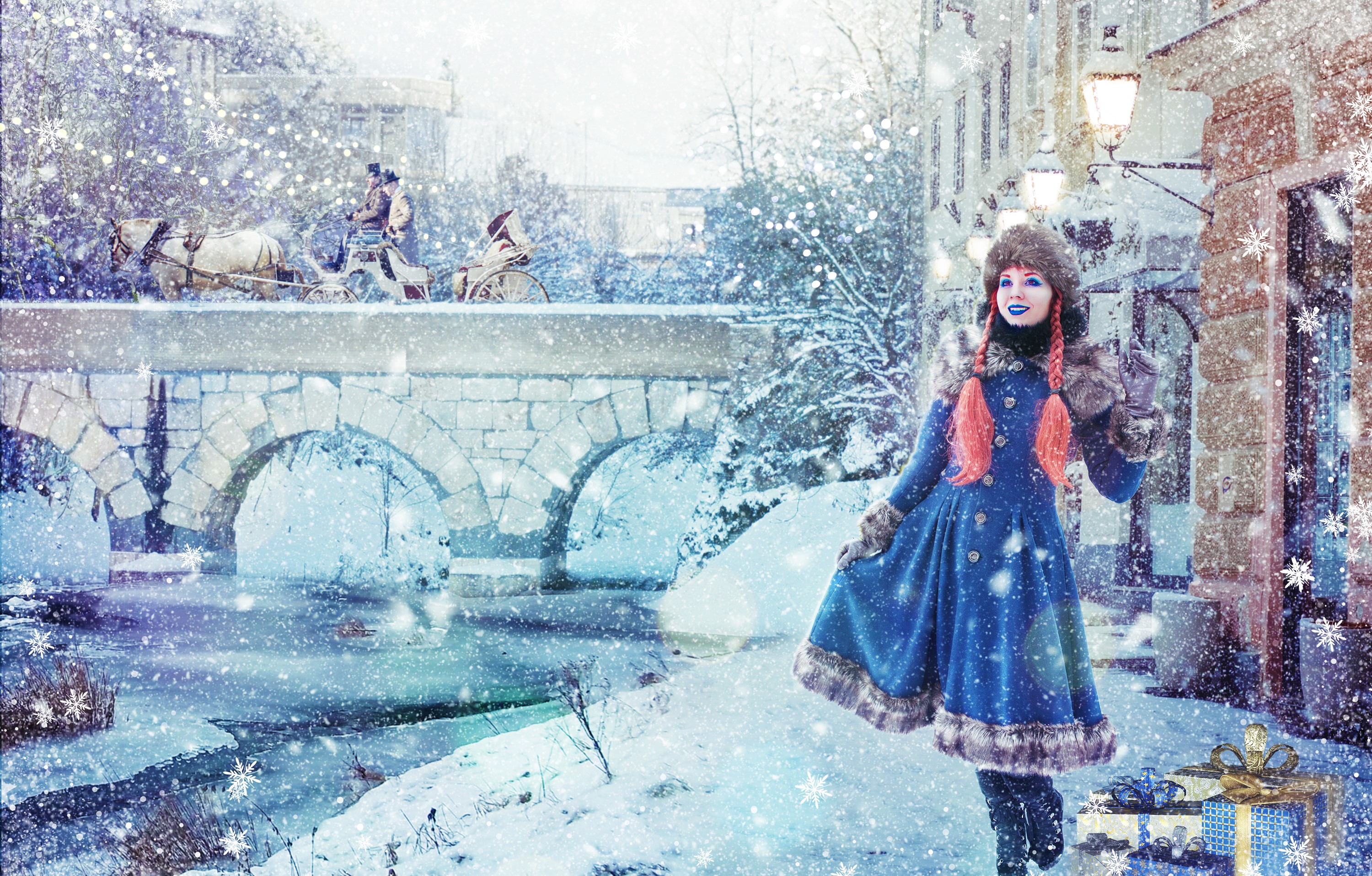 Girl Snow Town Bridge Horse Vintage Wallpaper:3000x1915