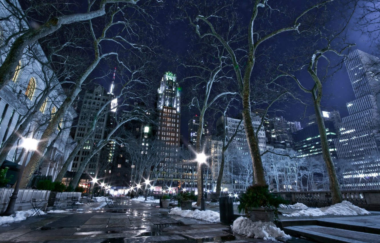 Wallpaper city, lights, USA, road, trees, night, New York, NYC, New York City, winter, snow, bench, buildings, skyscrapers, United States of America image for desktop, section город