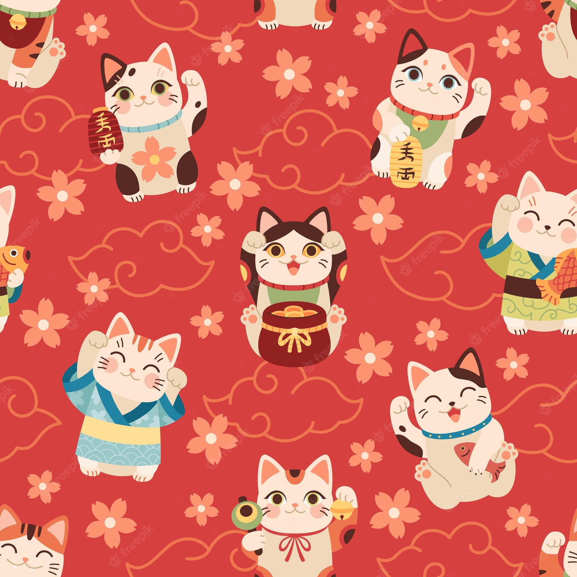 Premium Vector. Seamless japanese maneki cats pattern lucky asian symbols cartoon fun characters kittens with raised paw hold coins flashlights on red decor textile wrapping wallpaper vector print