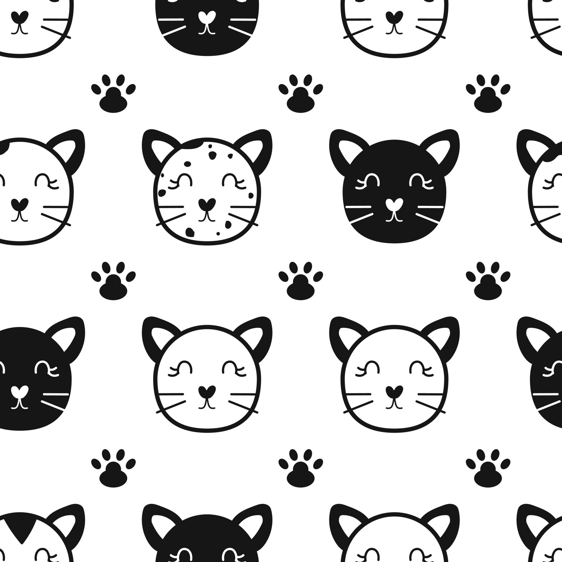 Cute cat vector seamless pattern, simple doodle kitty face background wallpaper, flat fabric print, domestic pet animal. Outline silhouette