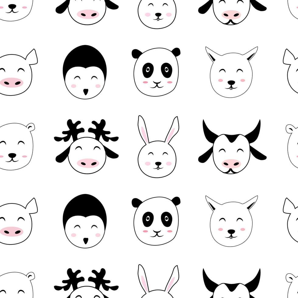 Doodle cute animal face seamless pattern. Cheerful outline sketch drawing isolated on white background. Simple nursery wallpaper, fabric print