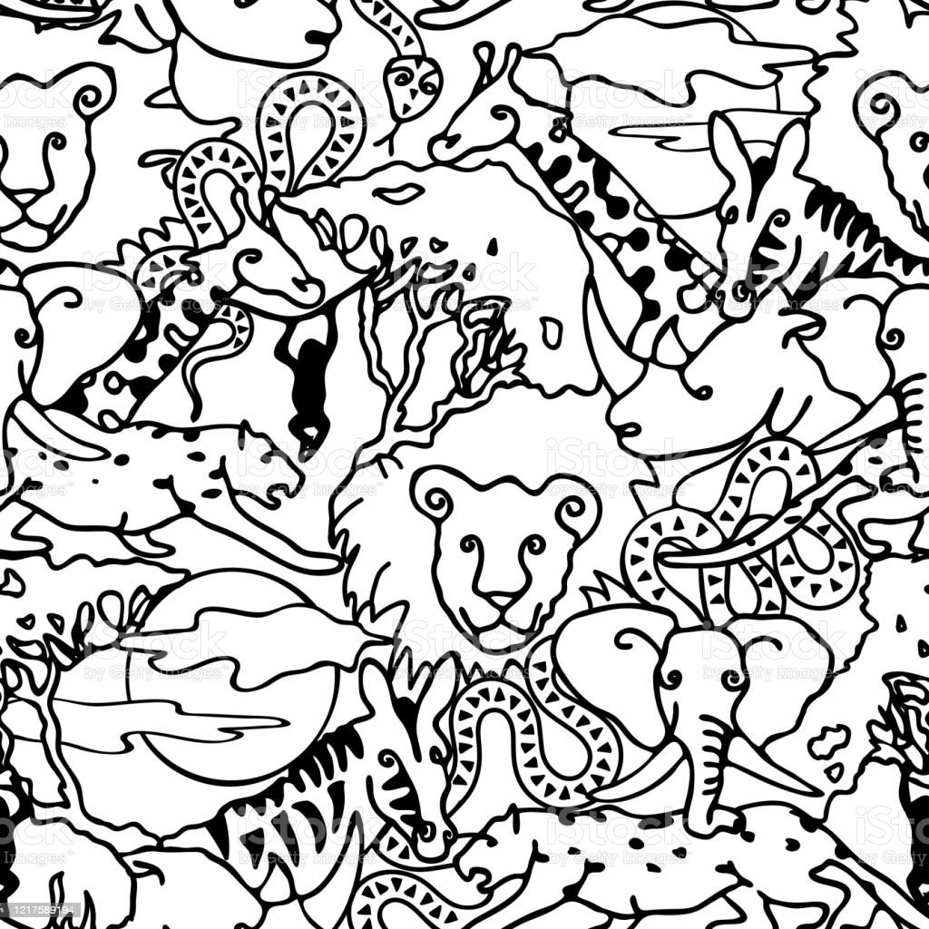 Seamless Vector Pattern Animal Line Art Black And White Safari Wallpaper Design For Children Outlined African Hand Drawn Background Sketch With Elephant Giraffe And Lions Stock Illustration Image Now