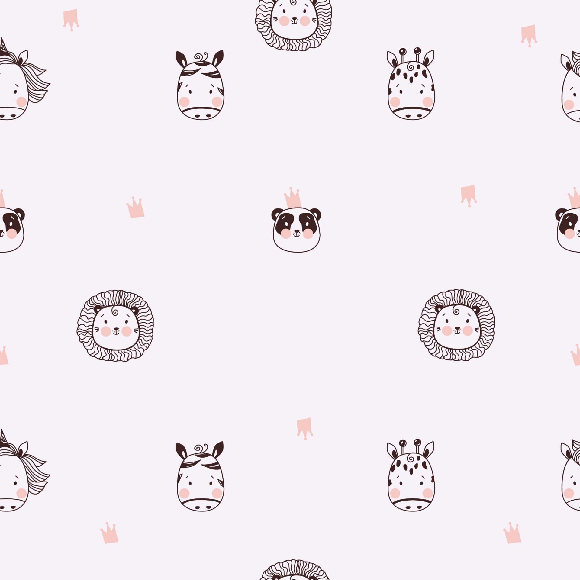 Seamless patterns. Cute decorative portraits of animals. Tropical, lion and panda, zebra and giraffe on a light background. The of textiles, packaging and wallpaper. Vector. Outline drawing Vector Art