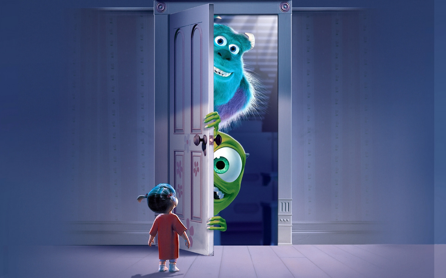 Download wallpaper the door, Monsters.Inc, Mike Wazowski, Monsters Inc., James P. Sullivan, Mary Boo, section films in resolution 1440x900