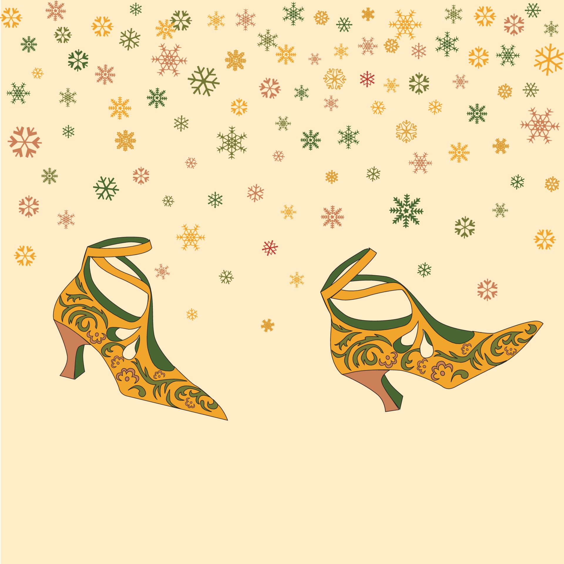 Fashion female shoes background. Retro wallpaper with vintage fashionable boots walking over snowy weather. Merry Christmas and Happy New Year greeting card concept design