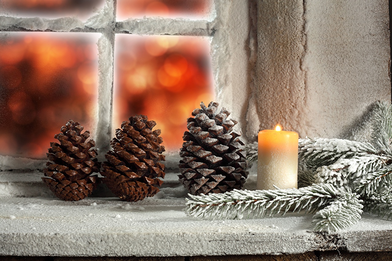 Wallpaper Christmas Window Candles Branches Pine cone Holidays