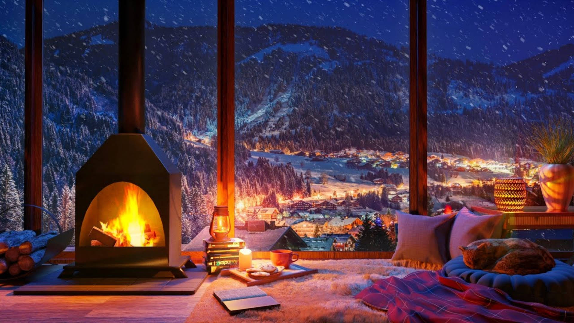 winter night by fireplace cartoon