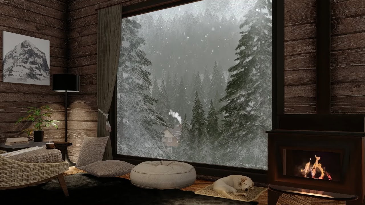 Cozy Cabin Ambience with Crackling Fireplace and Winter Blizzard Sounds for Sleep, Study and Relax