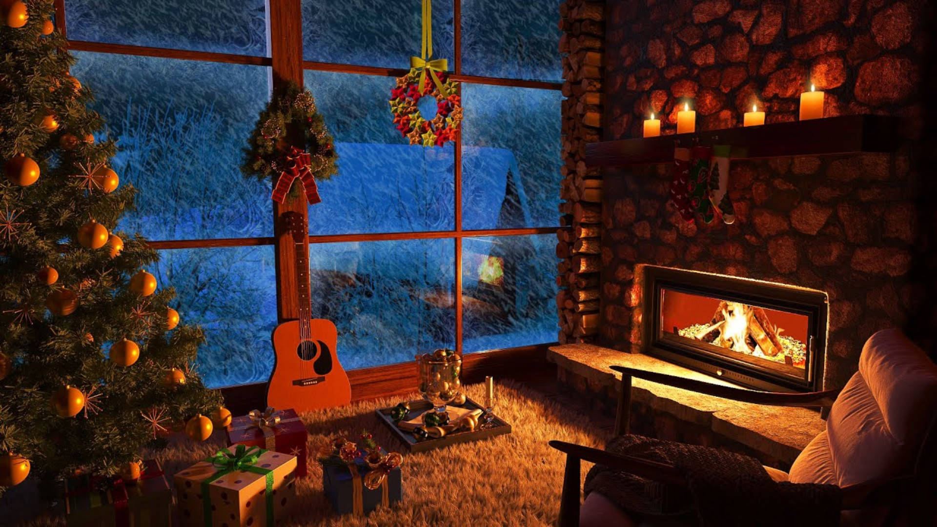 Download Warm Fireplace Cozy Winter Cabin Wallpaper