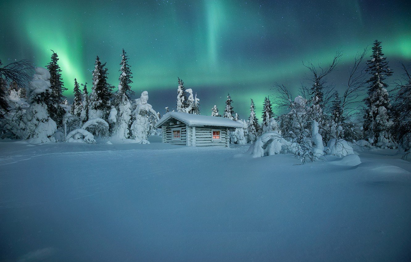 Wallpaper winter, snow, trees, hut, Northern lights, the snow, hut, Finland, Andrey Bazanov image for desktop, section пейзажи