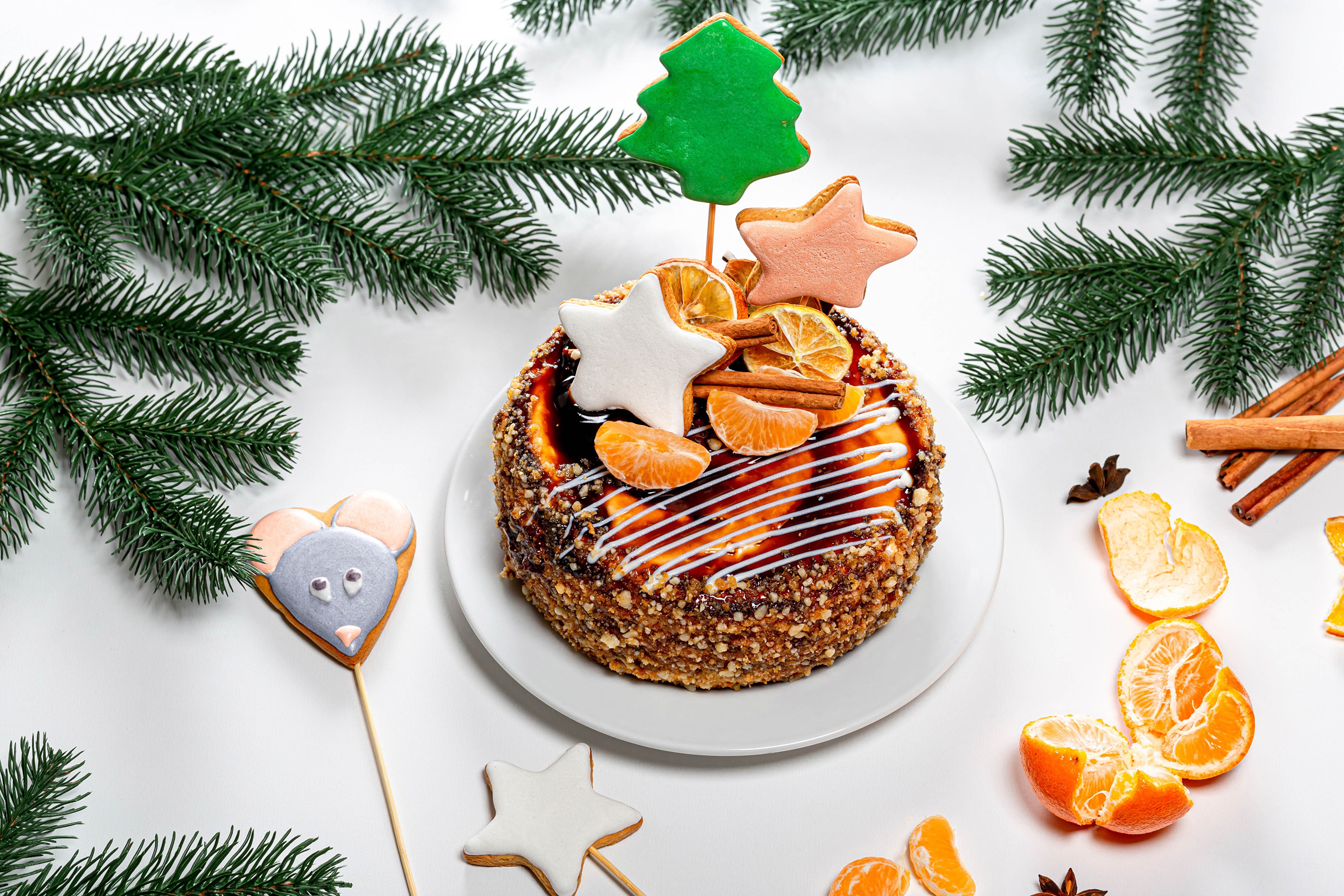 4K, Christmas, Cakes, Cookies, Mandarine, Branches, Design, Star decoration Gallery HD Wallpaper