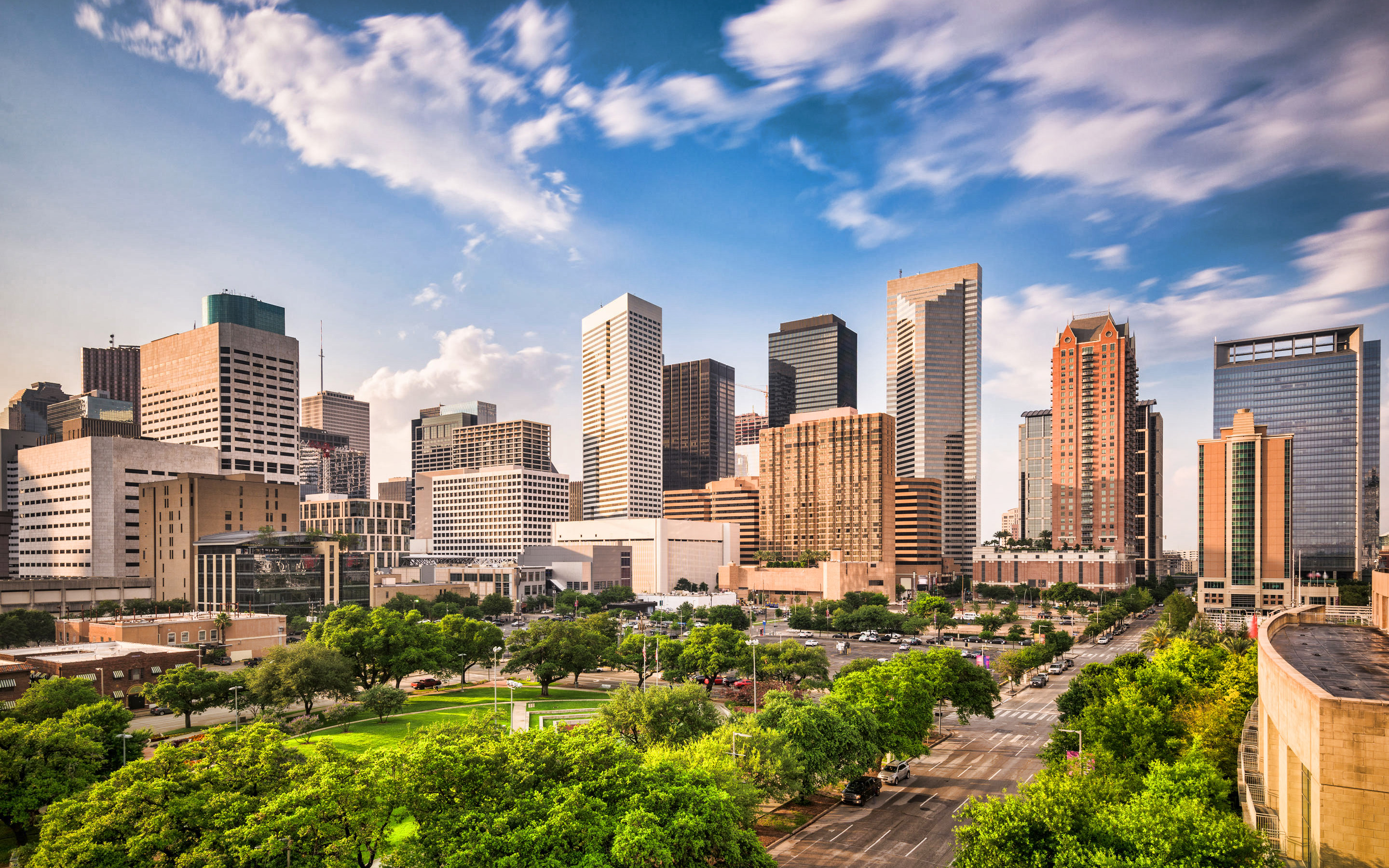 Download wallpaper Houston, evening, skyscrapers, modern buildings, park, Houston cityscape, Texas, USA for desktop with resolution 2880x1800. High Quality HD picture wallpaper