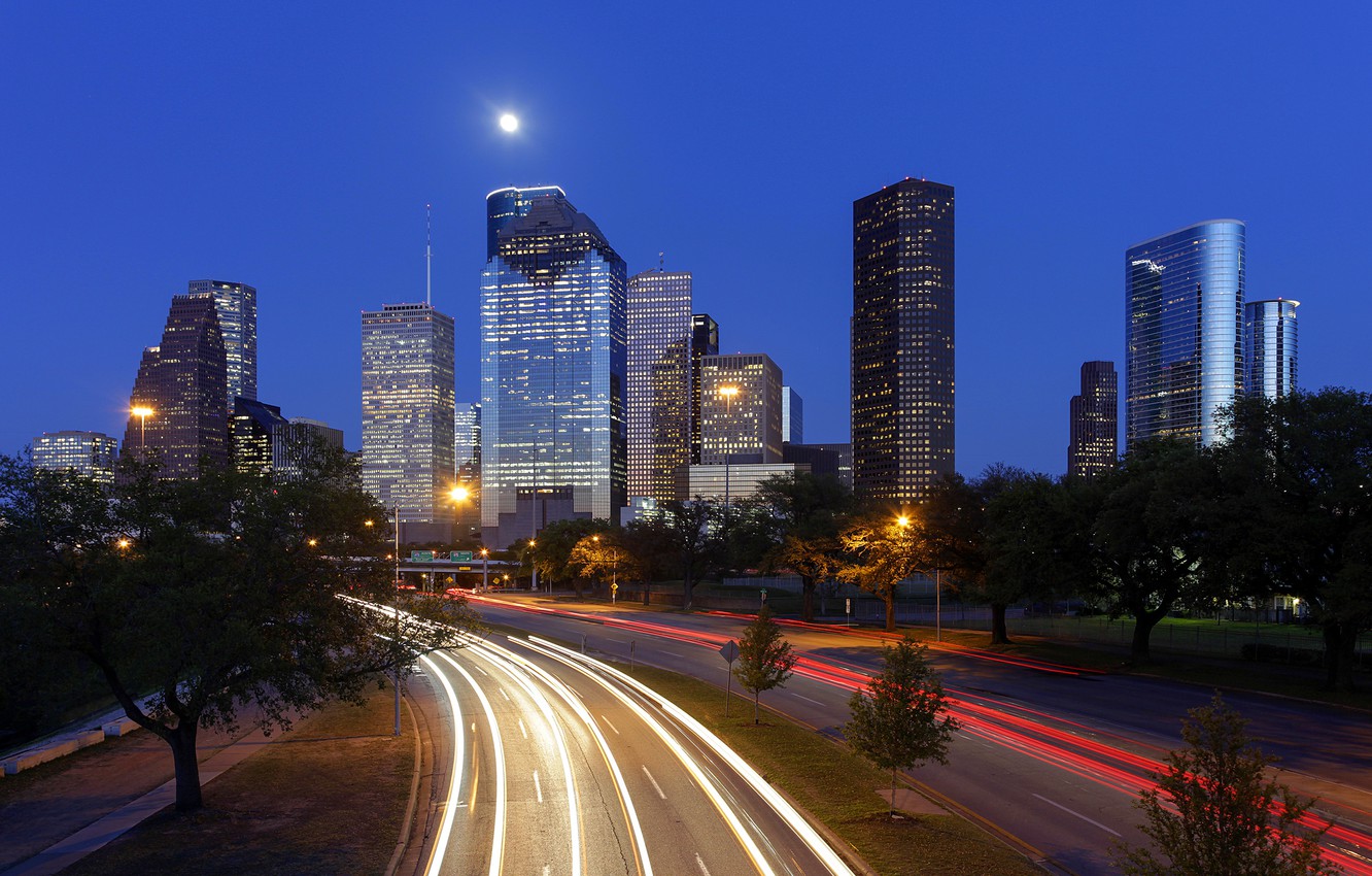 Wallpaper road, trees, lights, building, home, the evening, lights, USA, Houston, Texas image for desktop, section город