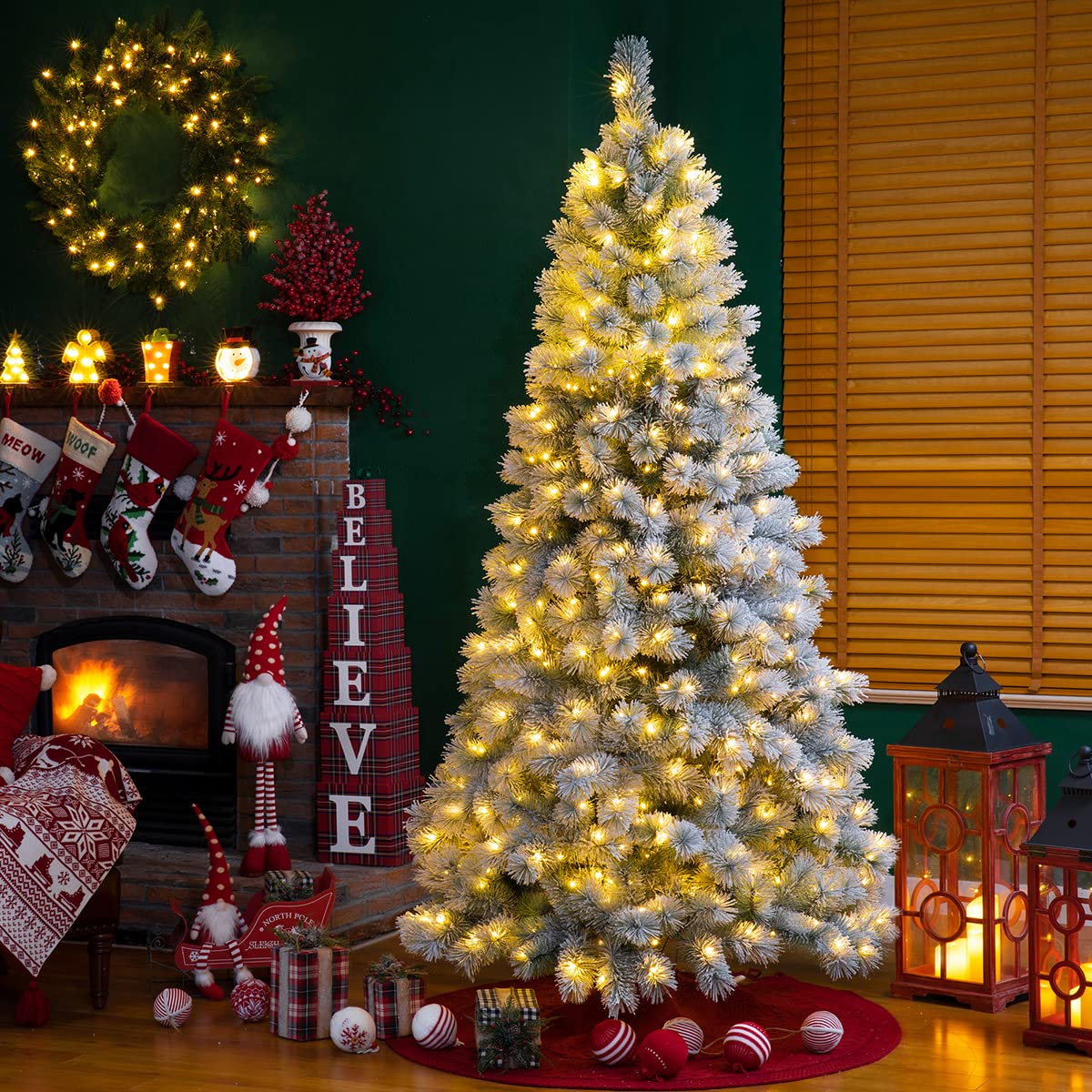 Glitzhome 7.5ft Pre Lit Snow Flocked Artificial Large Xmas Tree Pine Christmas Tree With 650 Warm White Lights Holiday Decoration, Home & Kitchen