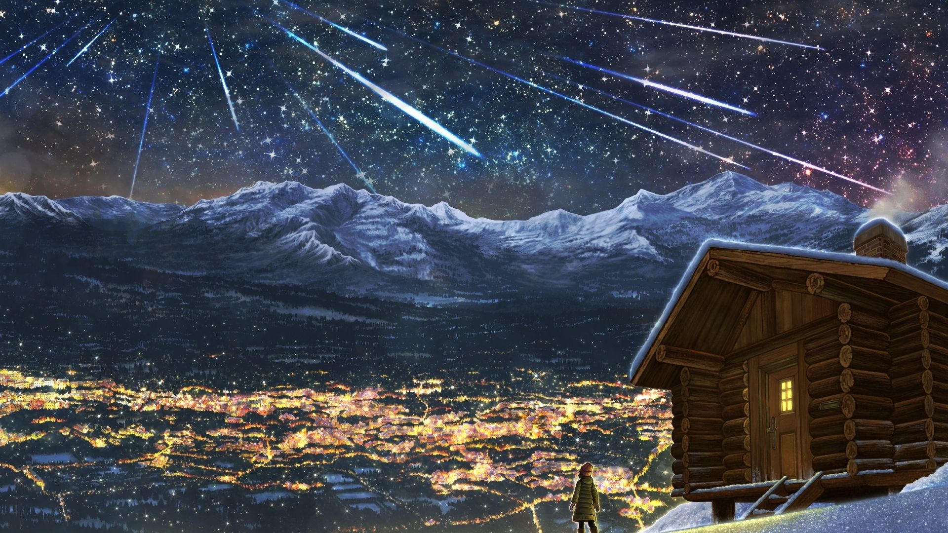 Desktop Wallpaper Winter, Stars Fall, Landscape, Mountains, Night, Anime, Original, HD Image, Picture, Background, 3D3674