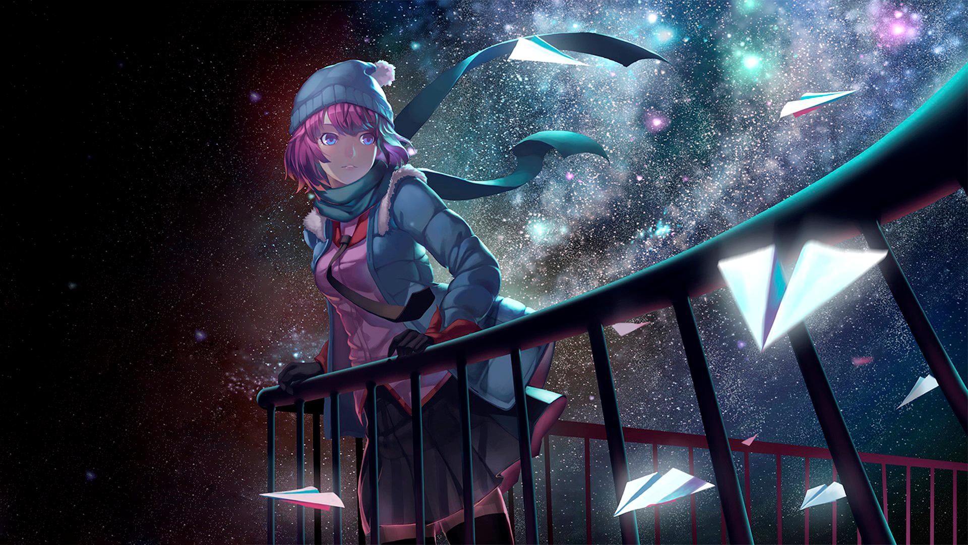 Wallpaper / Senjougahara Hitagi, Monogatari Series, anime girls, manga, winter, night, stars, sky, purple hair free download