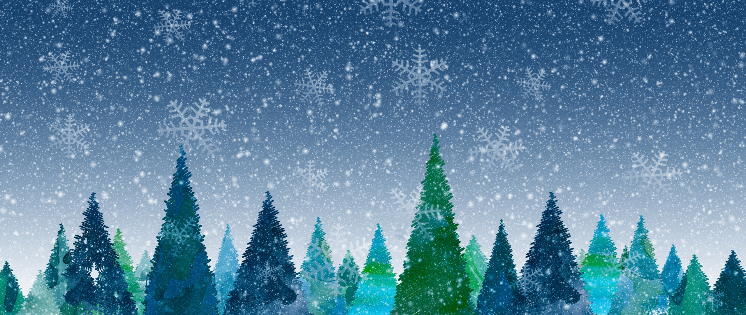 Download wallpaper 2560x1080 christmas, decorations, trees, snowflakes, artwork, dual wide 2560x1080 HD background, 17130
