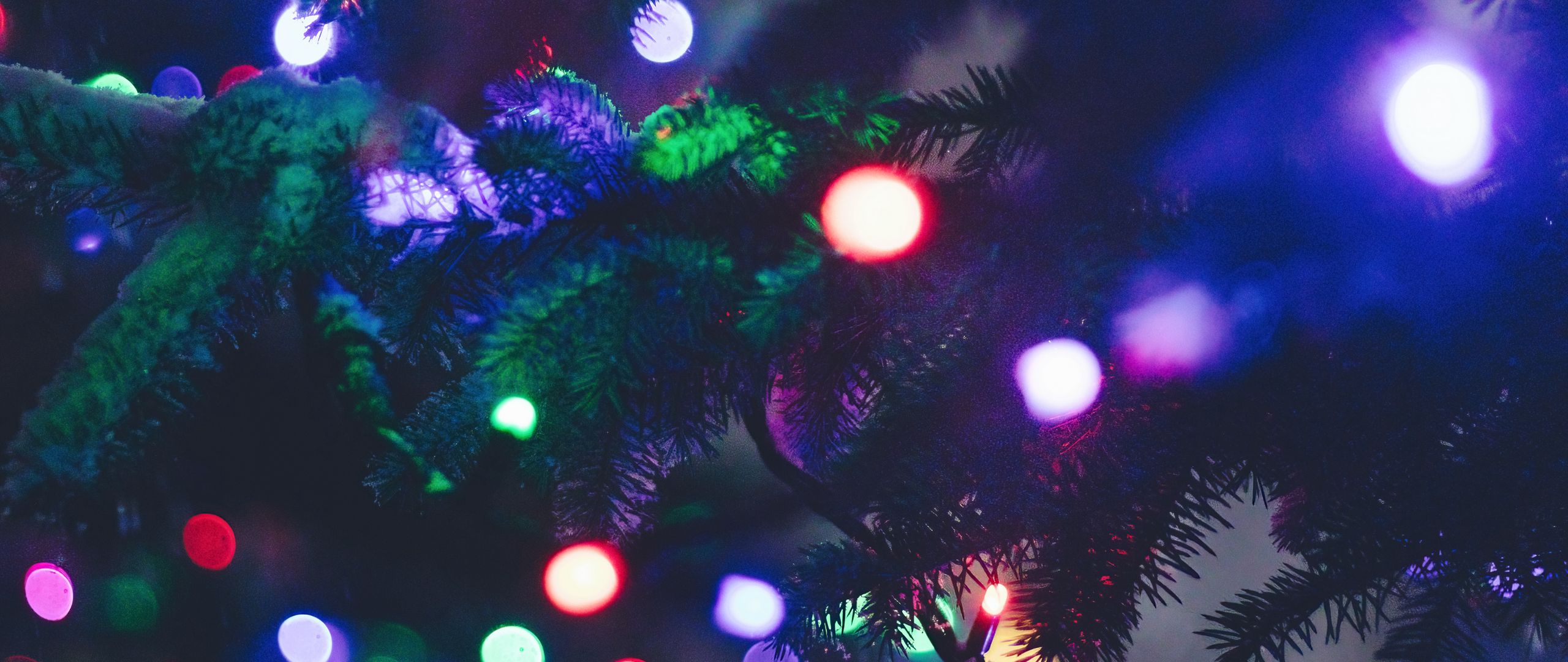Download wallpaper 2560x1080 christmas tree, garland, lights, glare, new year, christmas dual wide 1080p HD background