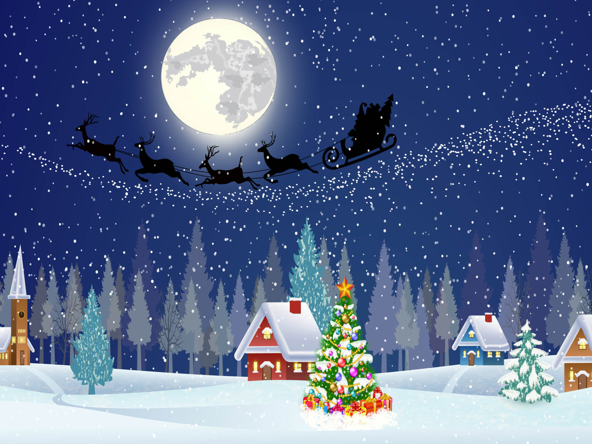 Merry Christmas And Happy New Year New Year Christmas Tree And Night Village Wallpaper HD, Wallpaper13.com