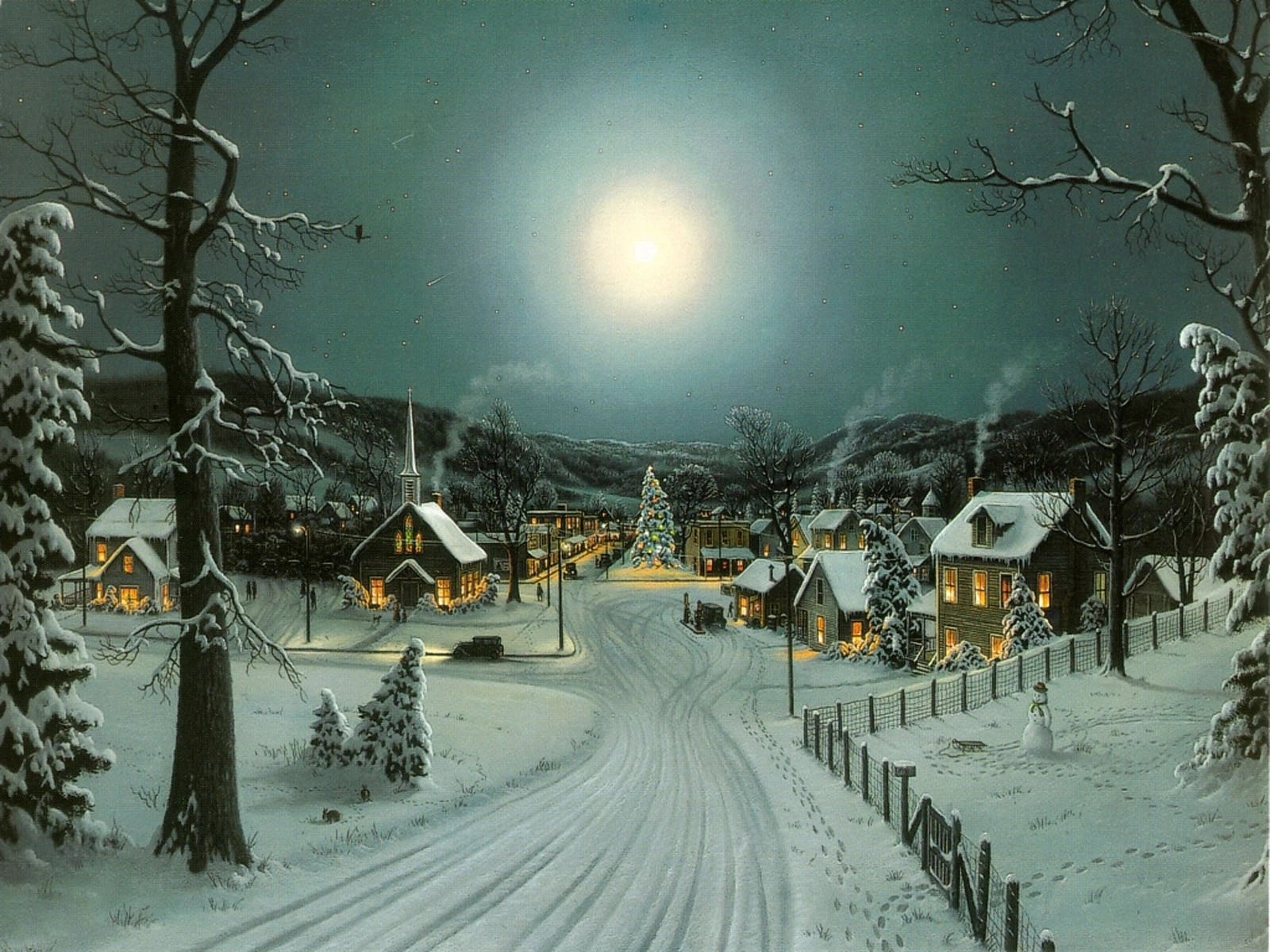 Christmas Village Cottage Tree Snow Full Moon Road Background High Quality Computer Print Party Backdrop
