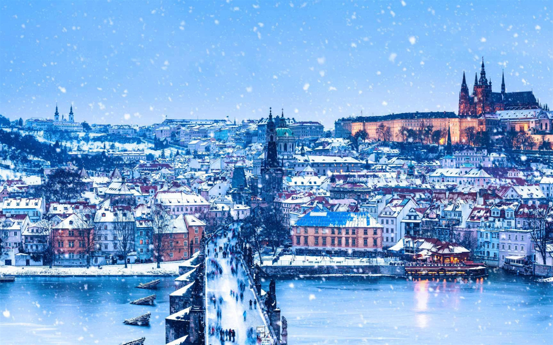 Download wallpaper Charles Bridge, Prague, Christmas, winter, snow, city panorama, Czech Republic for desktop with resolution 1920x1200. High Quality HD picture wallpaper