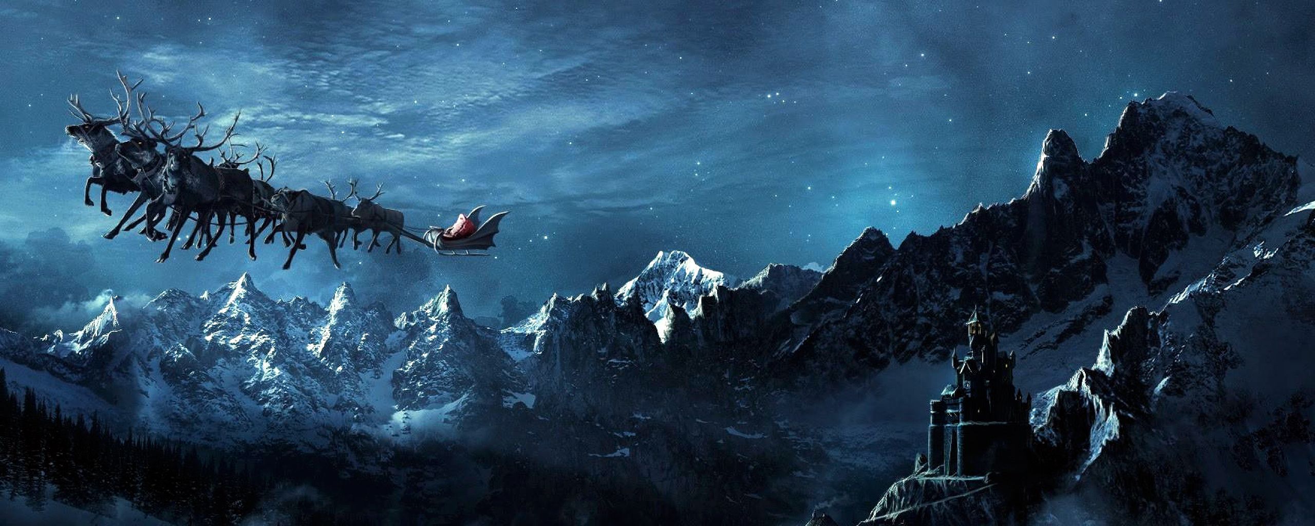 Christmas with Santa Claus and Reindeer Flying