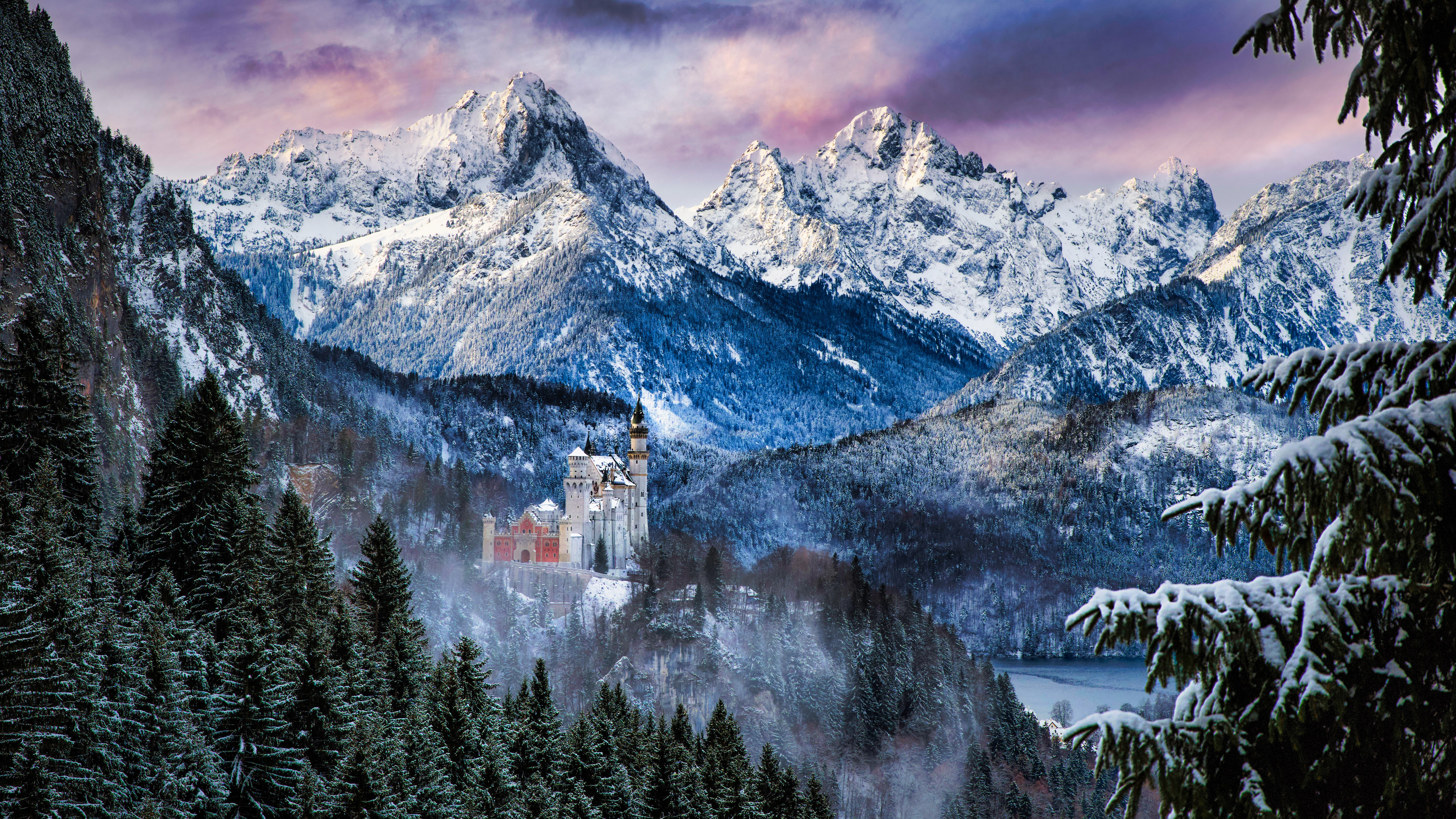 Neuschwanstein Castle Wallpaper 4K, Morning, Winter, Nature