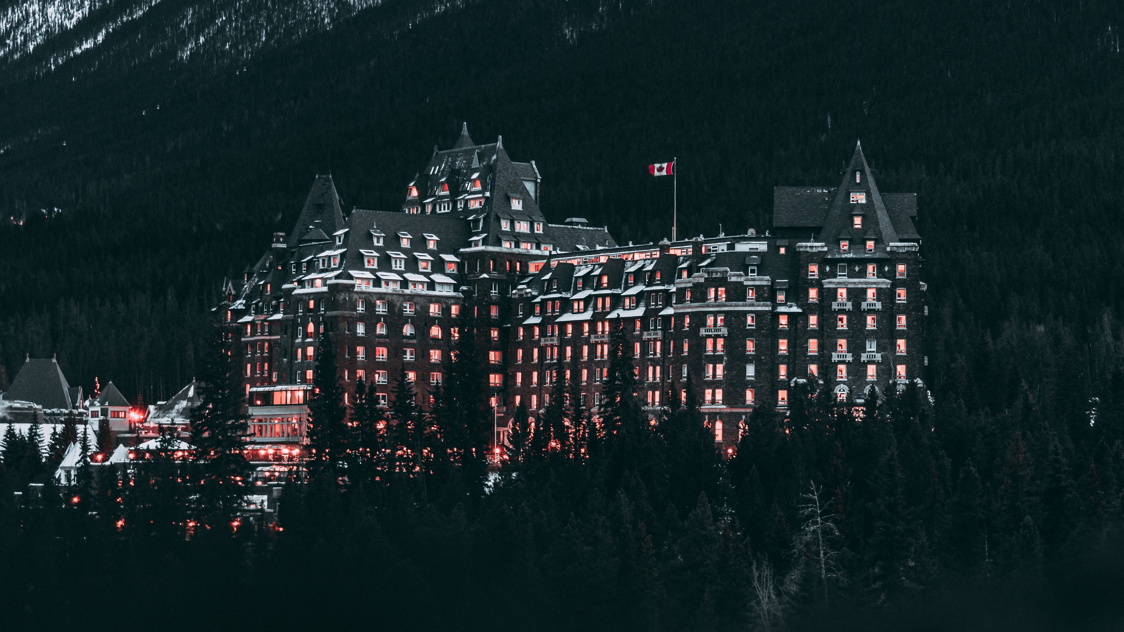 Download wallpaper 3840x2160 castle, mountains, trees, snow, winter, canada 4k uhd 16:9 HD background
