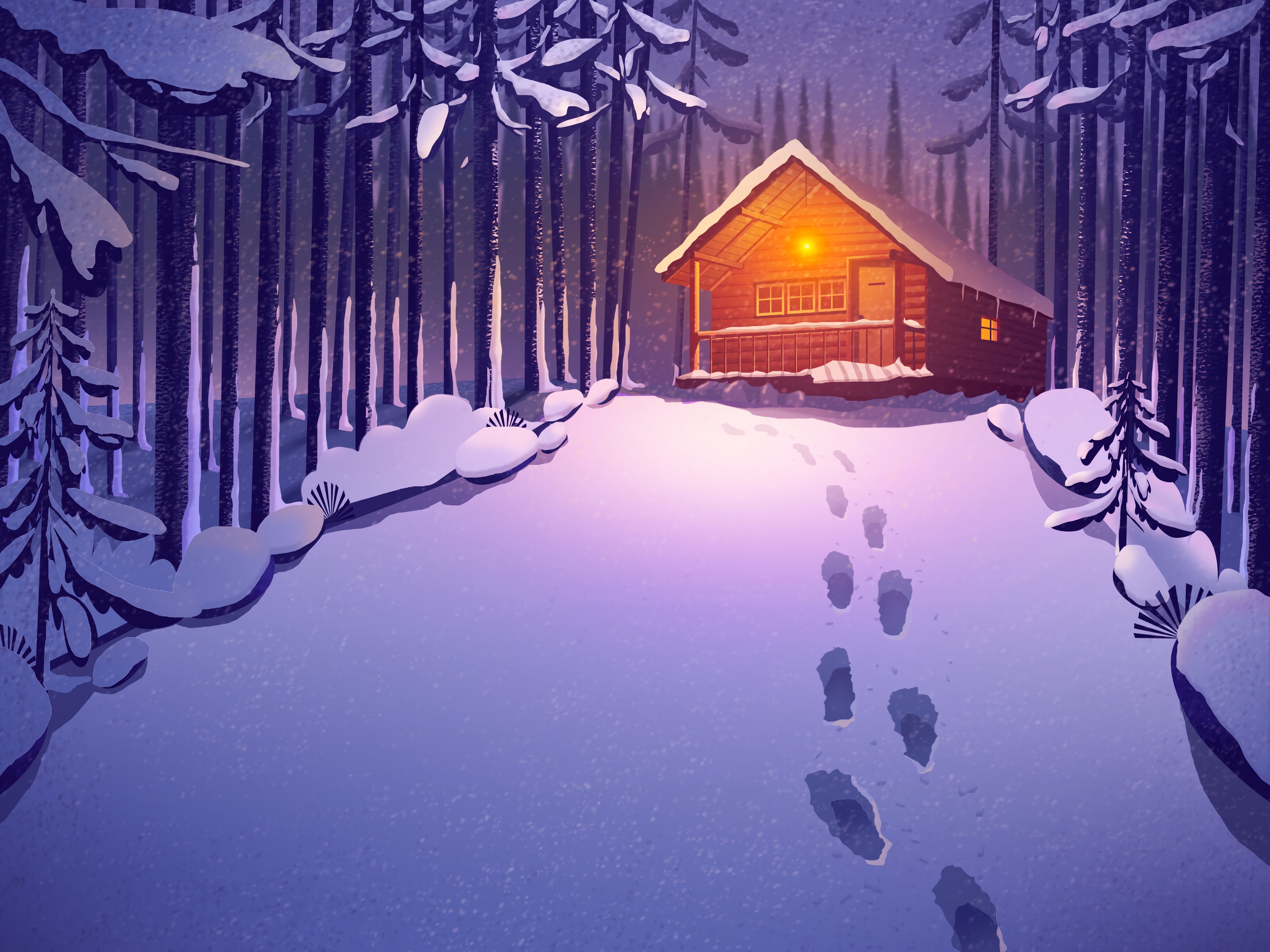 Download wallpaper 3200x2400 house, forest, snow, footprints, art HD background