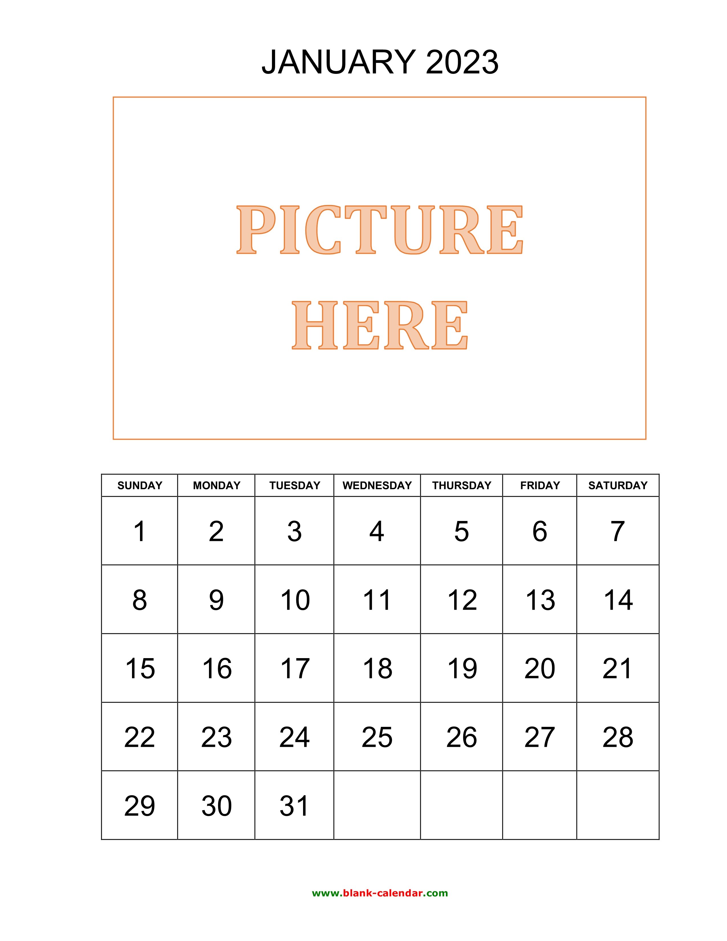 Free Download Printable January 2023 Calendar, pictures can be placed at the top