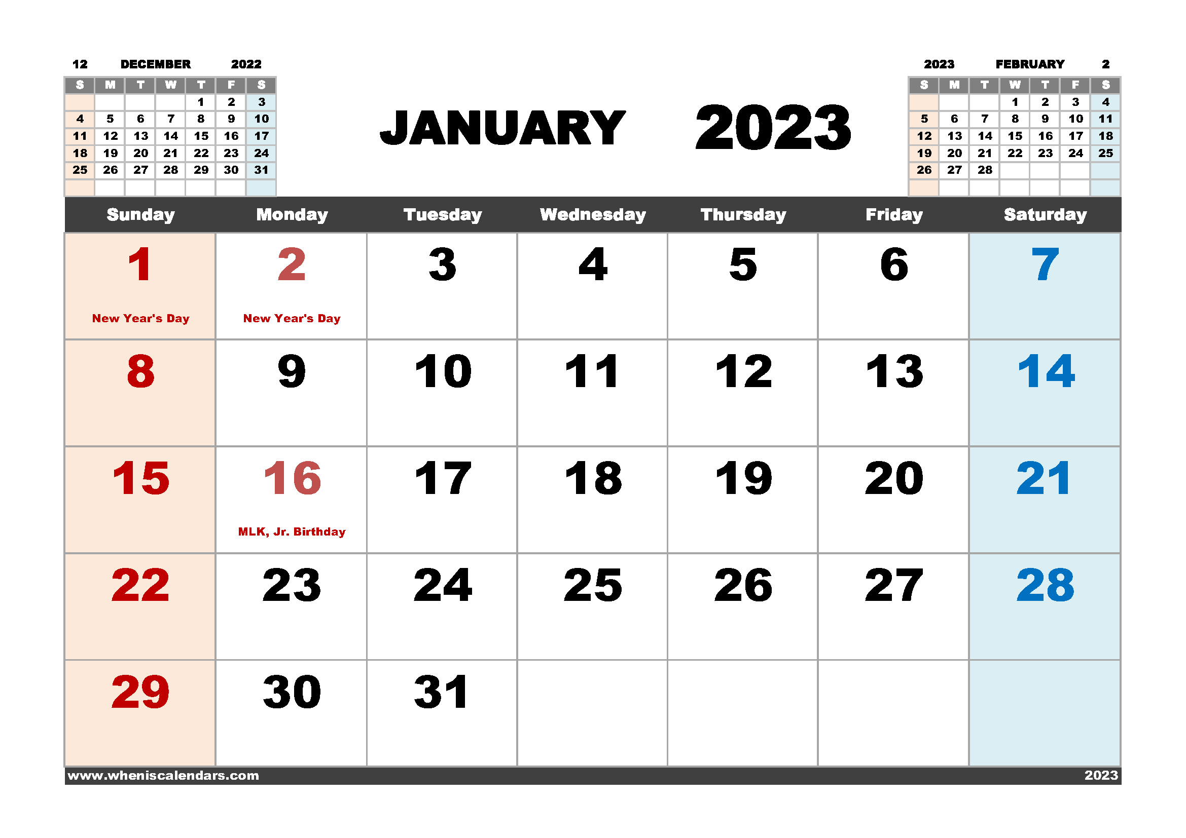 Free Printable January 2023 Calendar With Holidays PDF In Landscape
