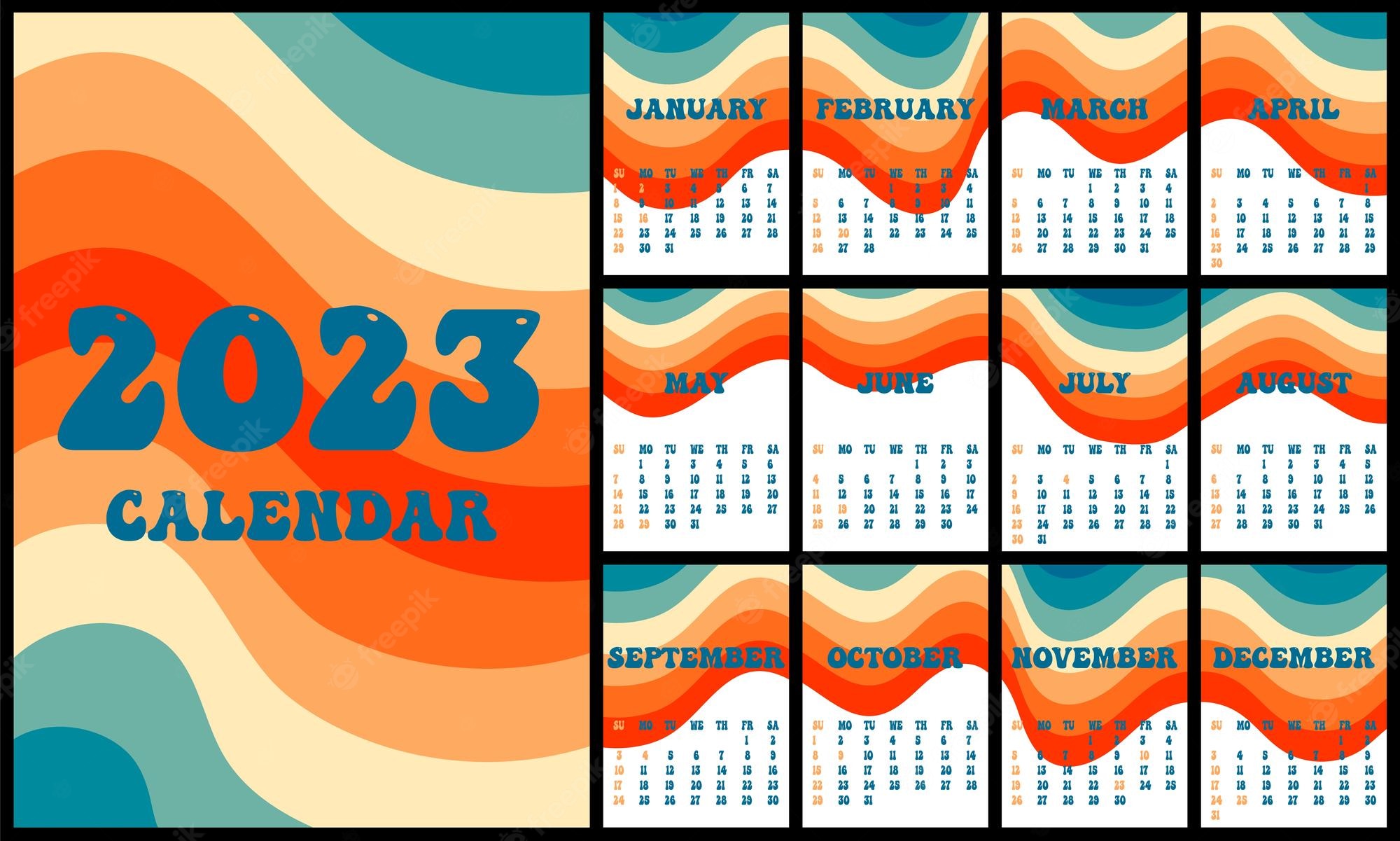Premium Vector. Calendar 2023 retro groovy wallpaper vertical covers and 12 month pages week start on sunday a4 a3 a2 a5 minimalistic design