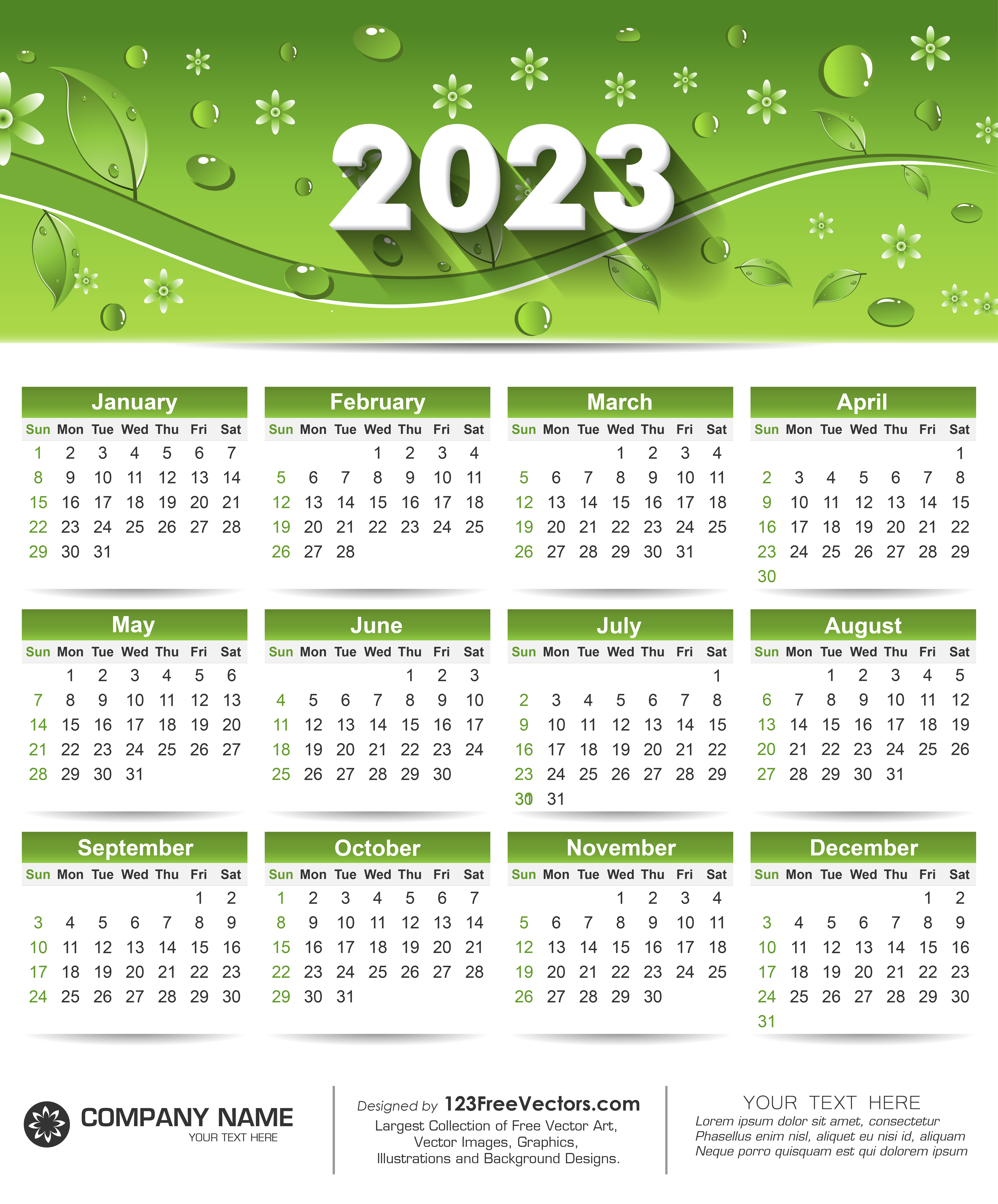 Free Free Printable Calendar 2023 with Green Leaves