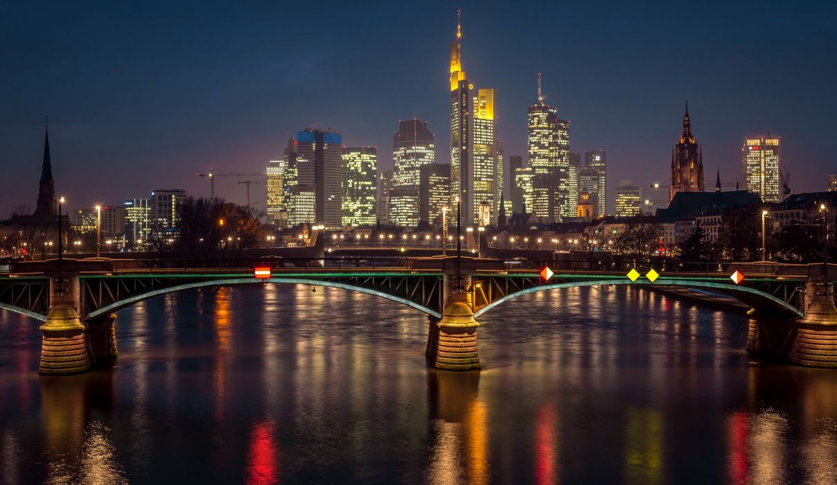 Germany Houses Rivers Bridges Night Street lights Frankfurt Cities wallpaperx1304