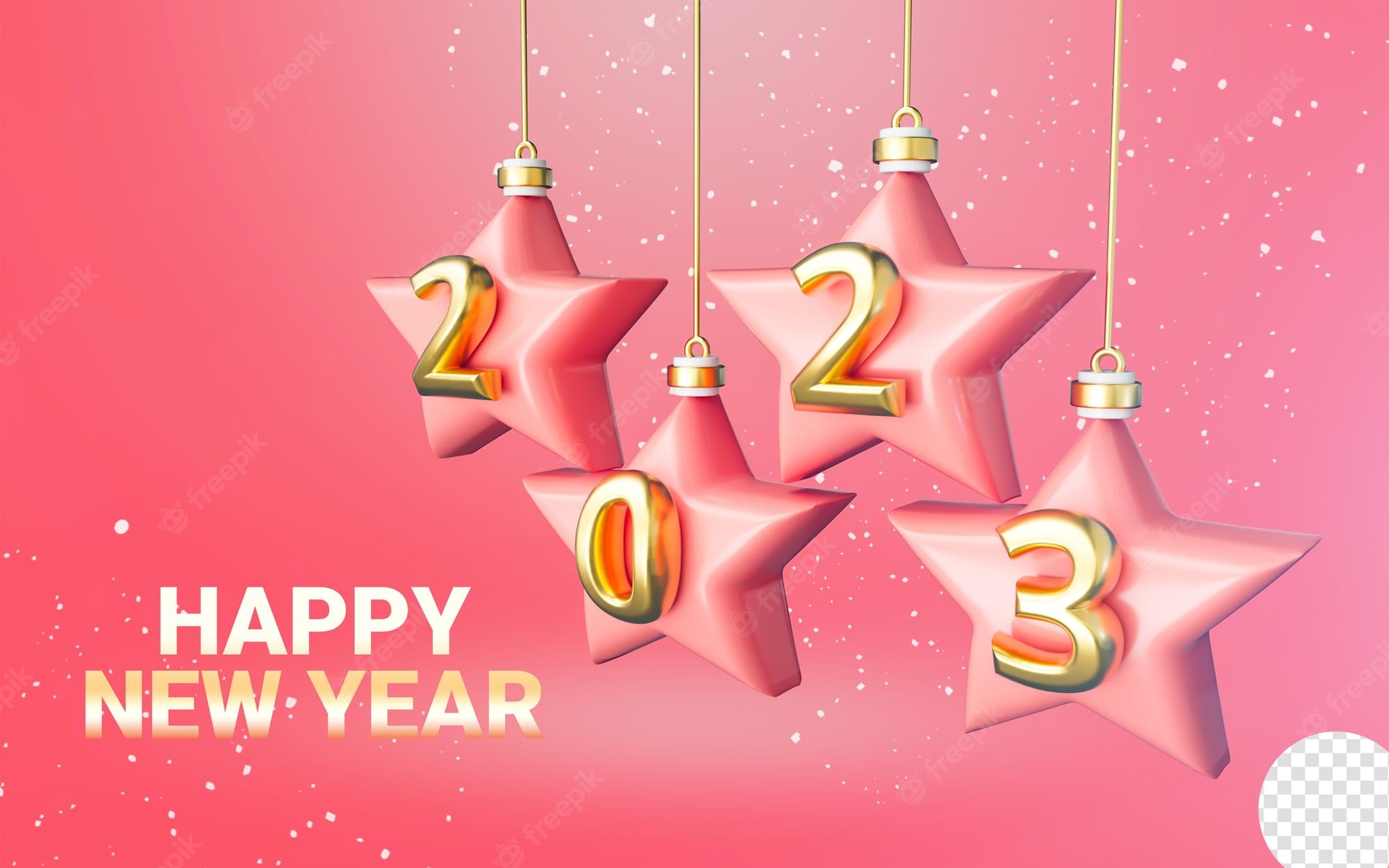 Premium PSD. Happy new year 2023 with star shape banner design on pink background 3D render concept