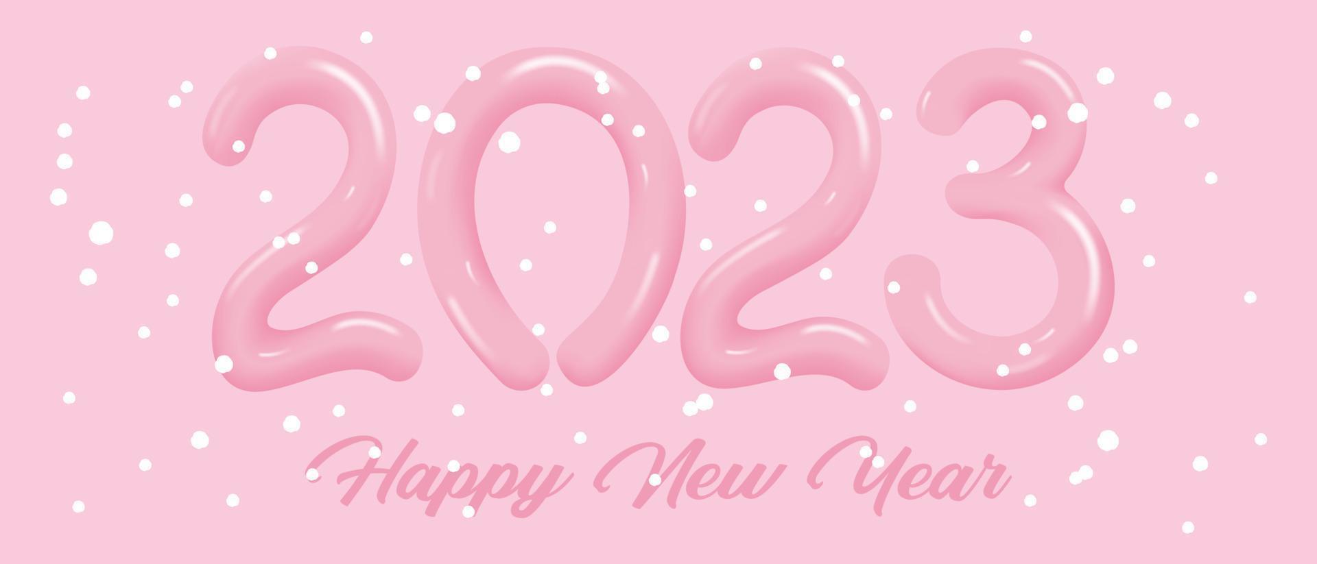 2023 calendar pink cover concept. Festive pink background with 3D numbers 2023 and snow. Vector for a Happy New Year greeting banner, poster or postcard. Vector illustration