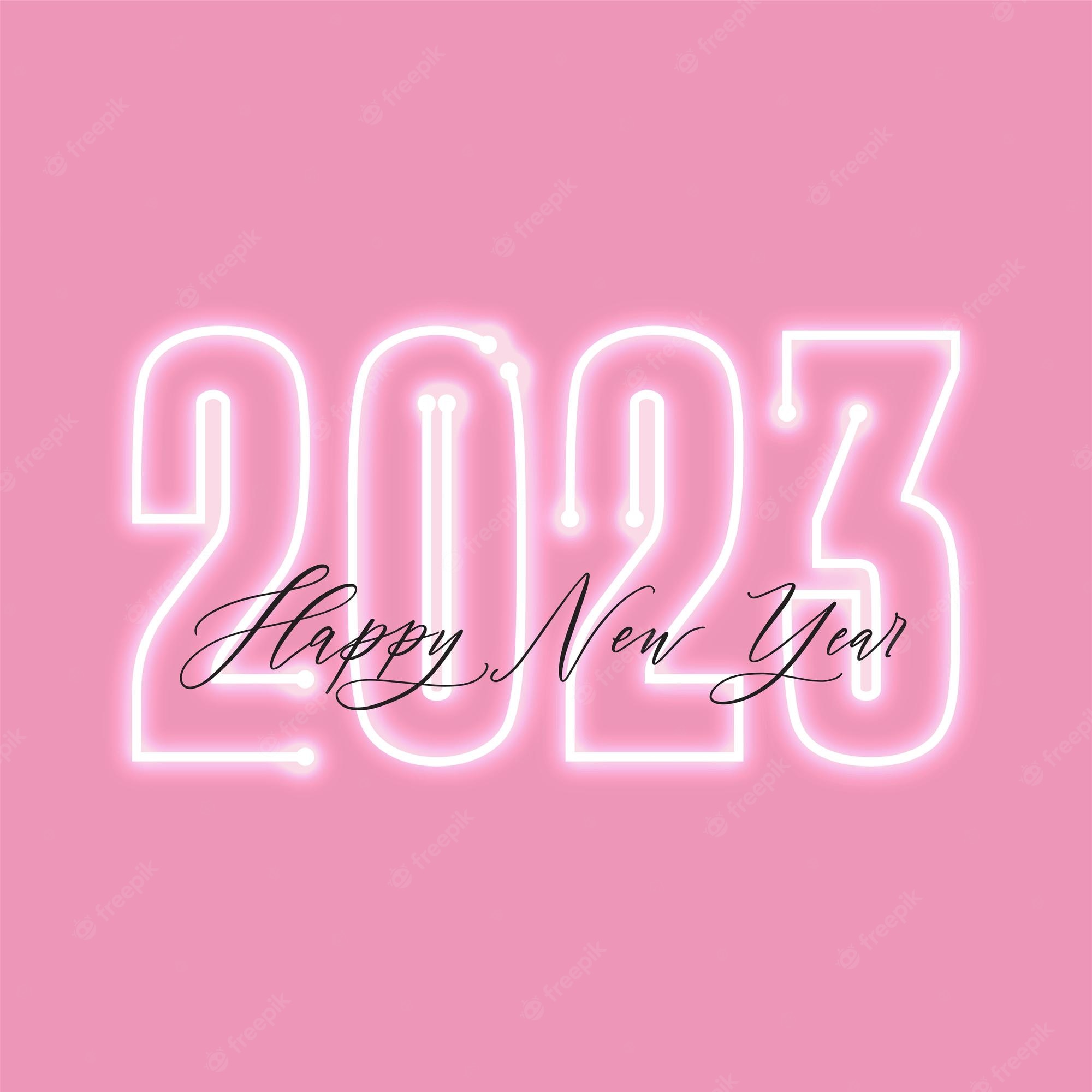 Premium Vector. Neon light 2023 number against pink background for happy new year concept