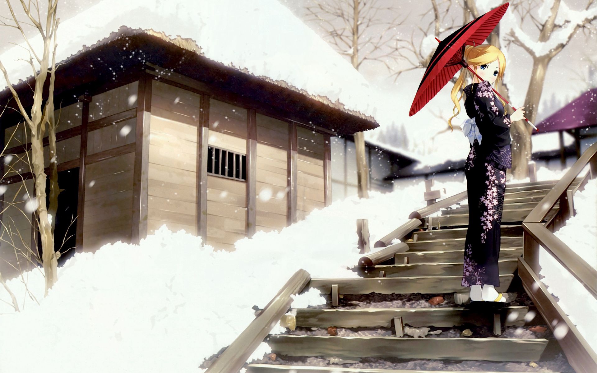 Download wallpaper 1920x1200 anime, geisha, kimono, winter, walk HD background