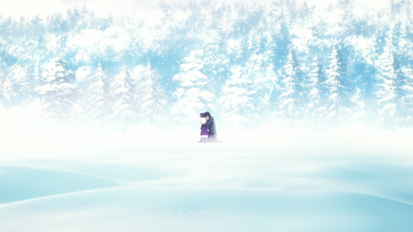 Winter forest in mountains, anime arrival Night Desktop wallpaper 1366x768