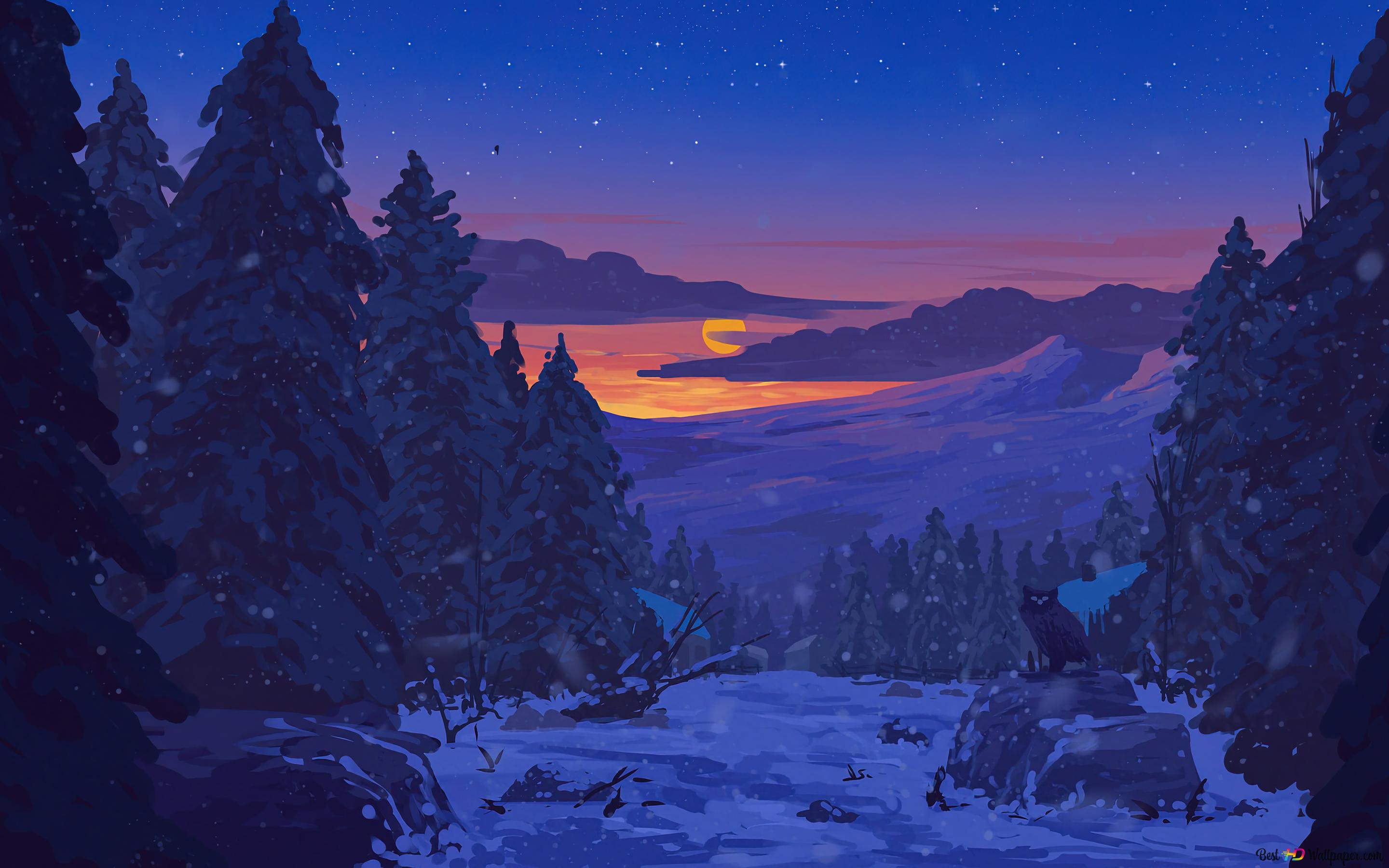 Night Scenery Snowing 4K wallpaper download