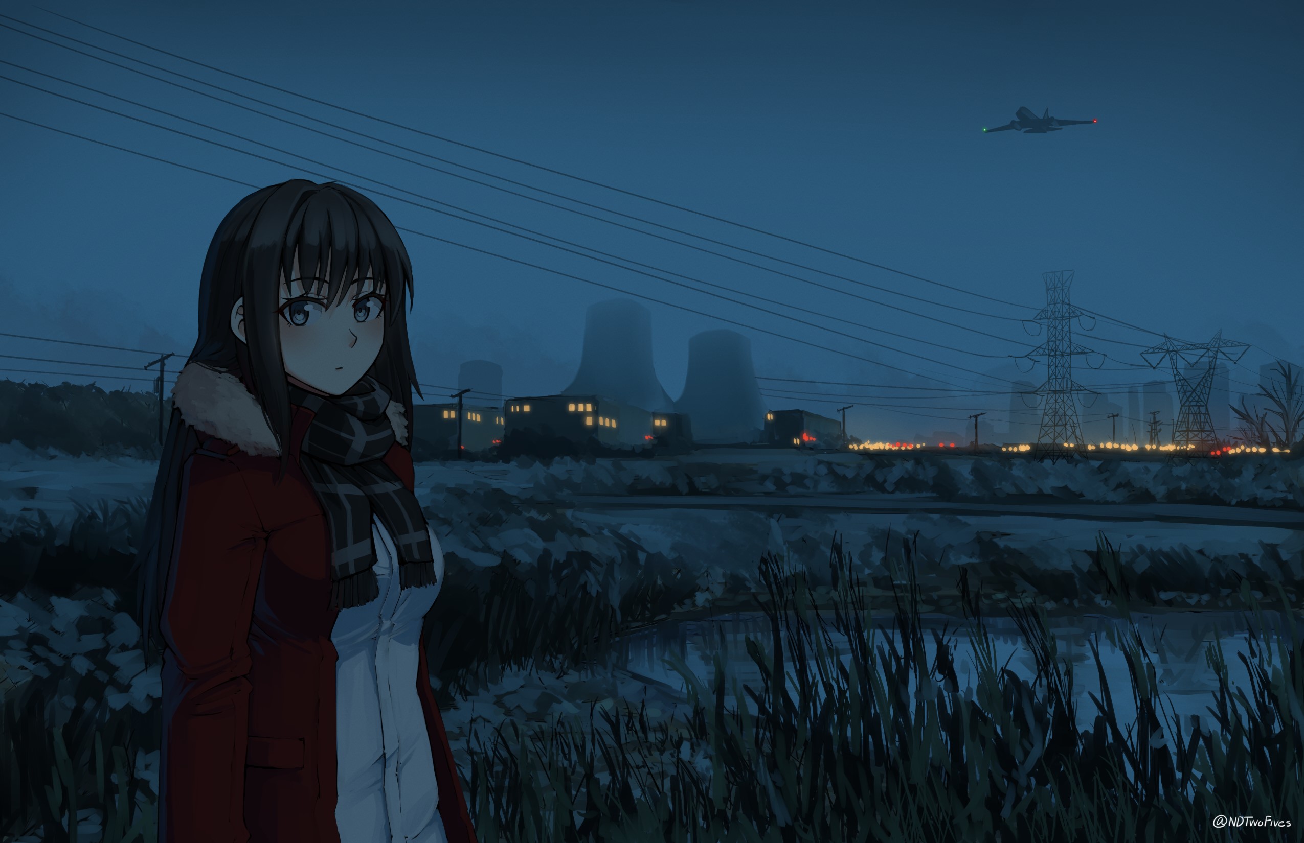 Wallpaper / moescape, anime, winter, black hair, scarf, power plant free download