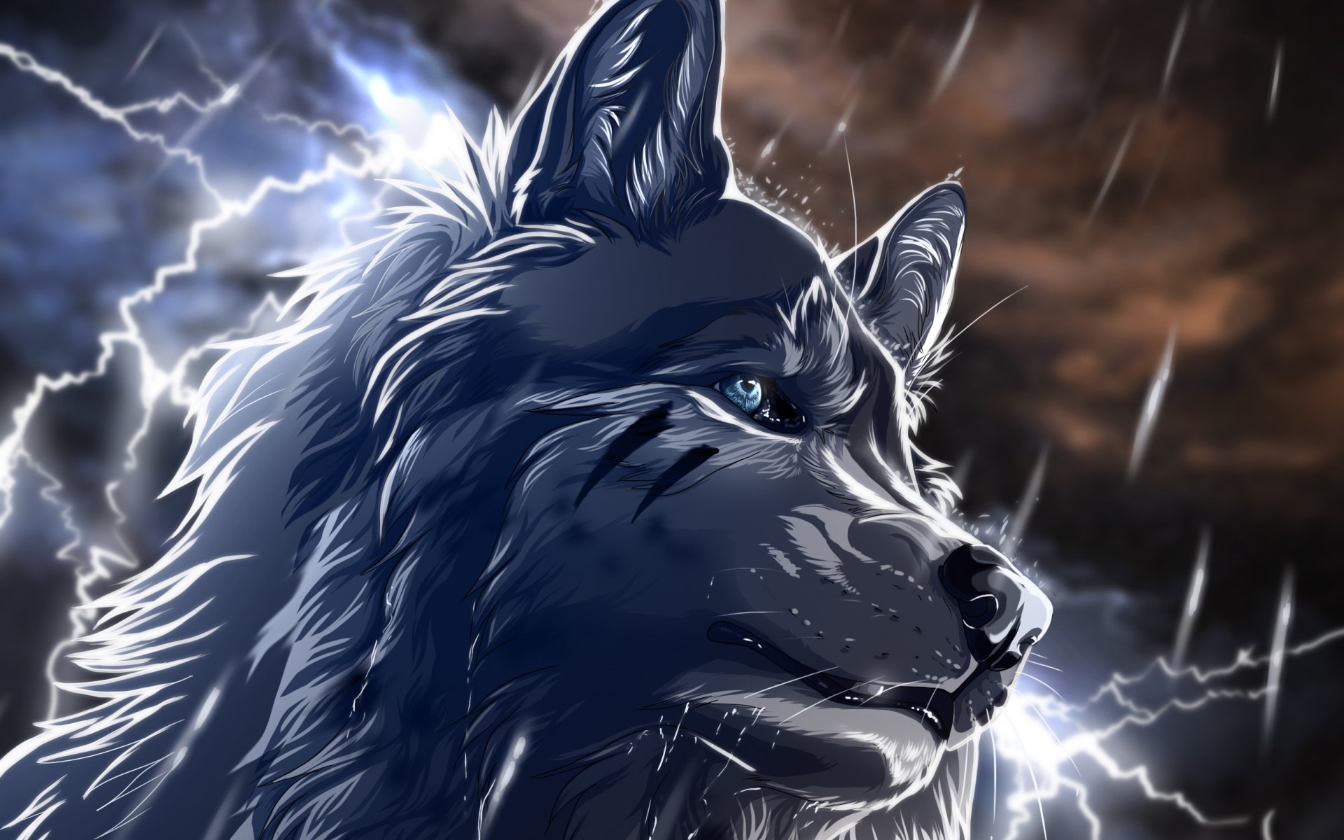 art, Wolfroad, Wolf, Rain, Lightning, Night, Fantasy, Animals Wallpaper HD / Desktop and Mobile Background