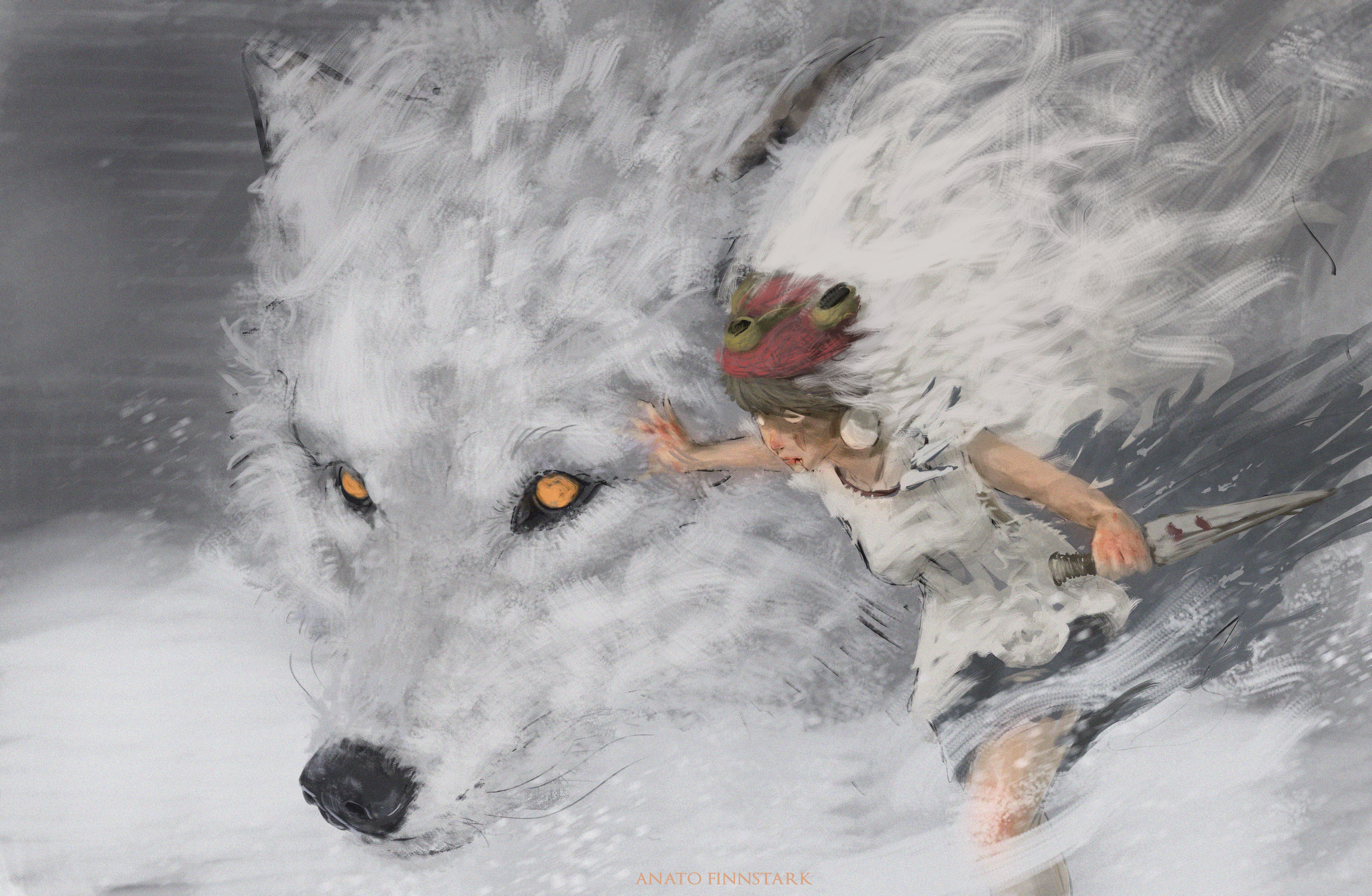 Wallpaper / Mononoke, Princess Mononoke, movies, anime girls, women, wolf, winter, snow, snowing, fantasy art, environment, fan art, artwork, drawing, illustration, digital art, digital painting, Anato Finnstark, white, knife, weapon